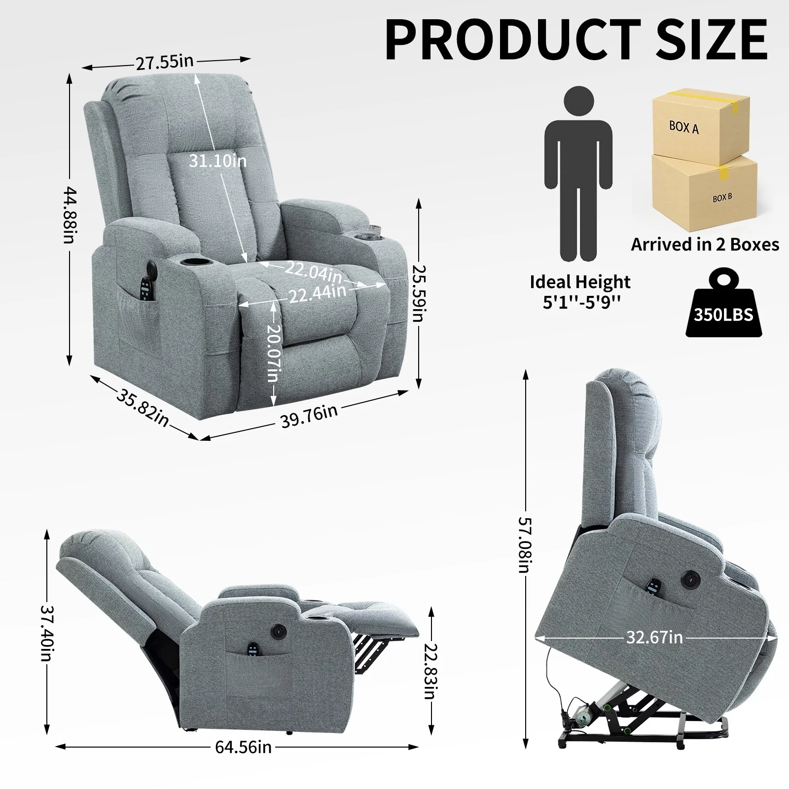 Grey Power Lift Recliner Chair with Massage, Heat, USB Port, Lumbar Support, Dual Cup Holders and Side Pockets
