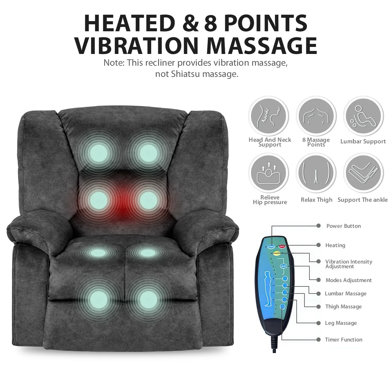 Grey Extra-Wide Recliner Sofa Chair with Full-Body Massage and Lumbar Heating, Sturdy Heavy-Duty Frame, and Adjustable Recline