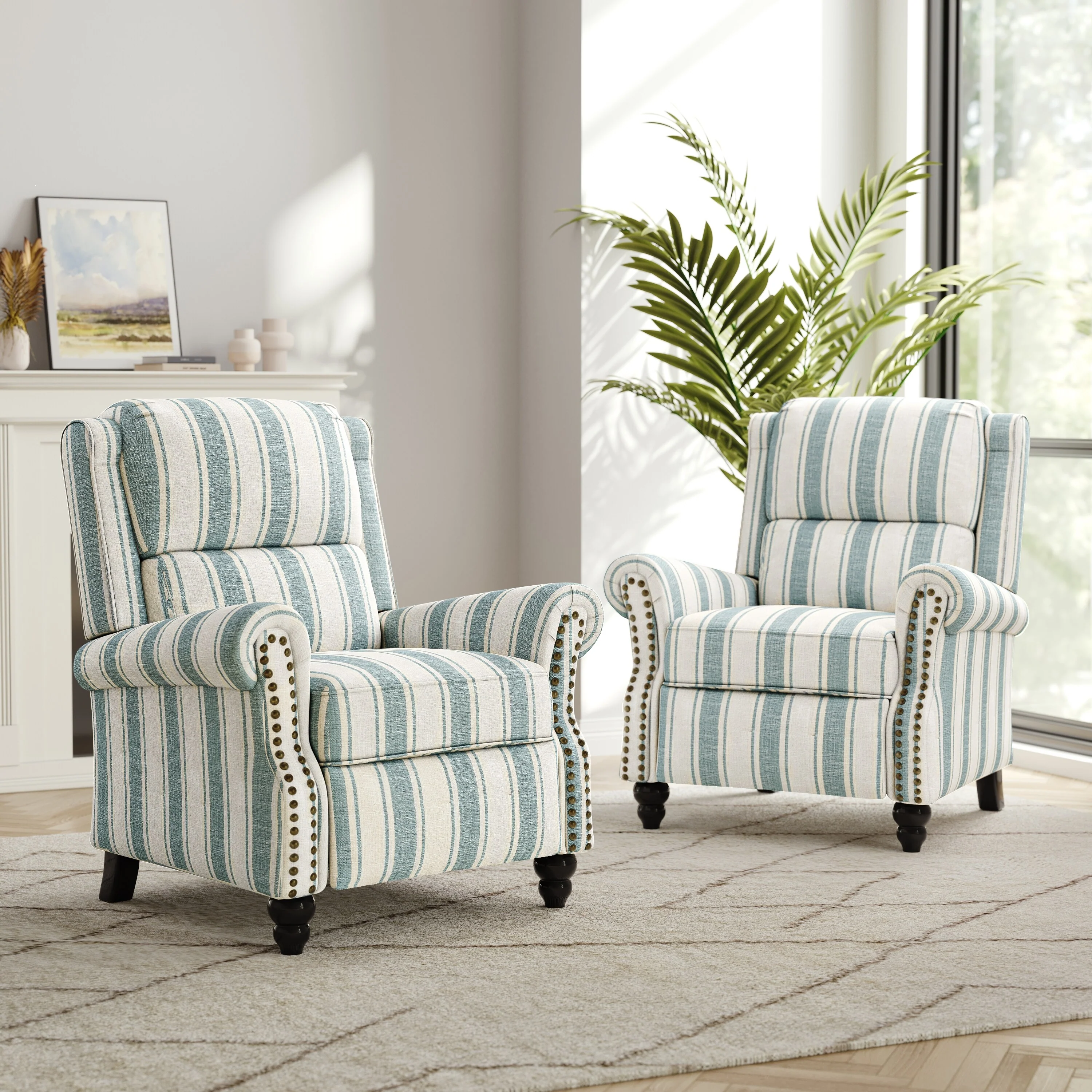 2 Set Nail-head Padded Seat Pushback Recliner Chair