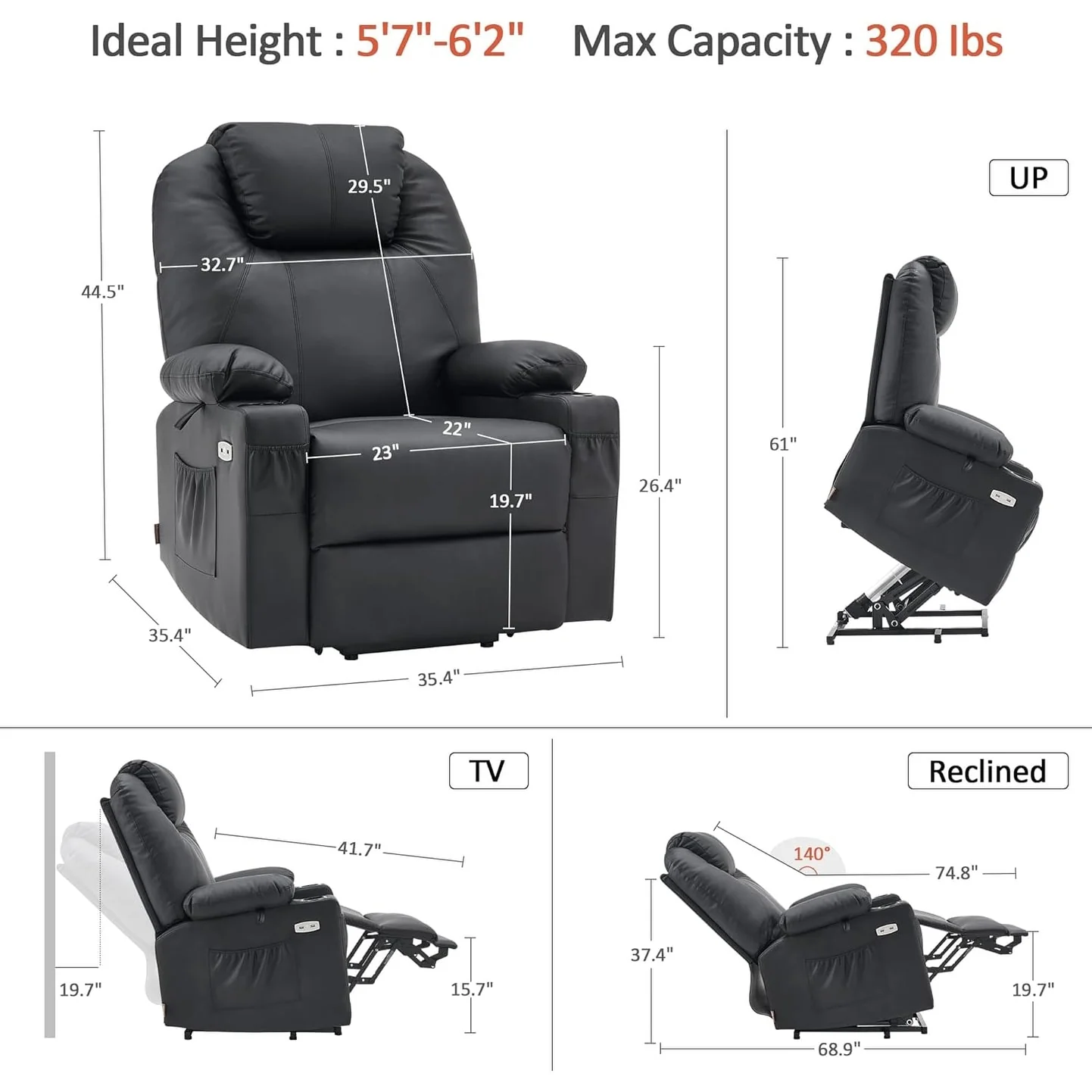 MCombo Large Power Lift Recliner Leather Chair with Massage, Heat, Cup Holders,Extended Footrest, Leather 7516
