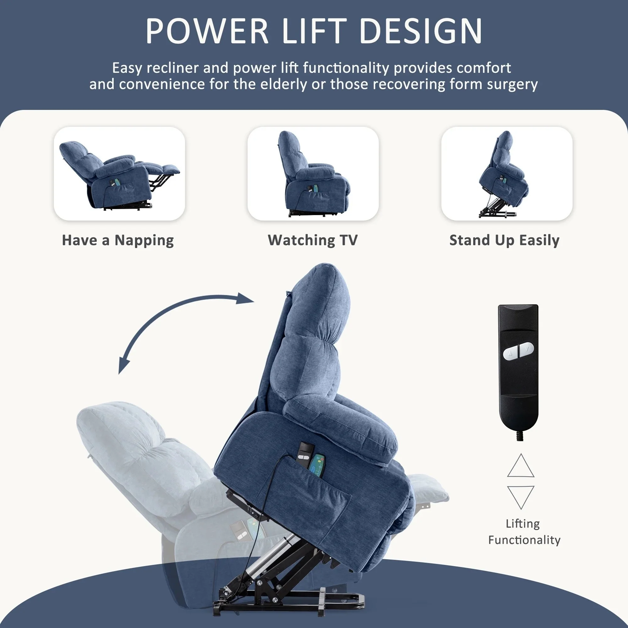 Blue Power Lift Recliner Chair with Heat, Massage, USB Charging, Side Pockets and Remote Control