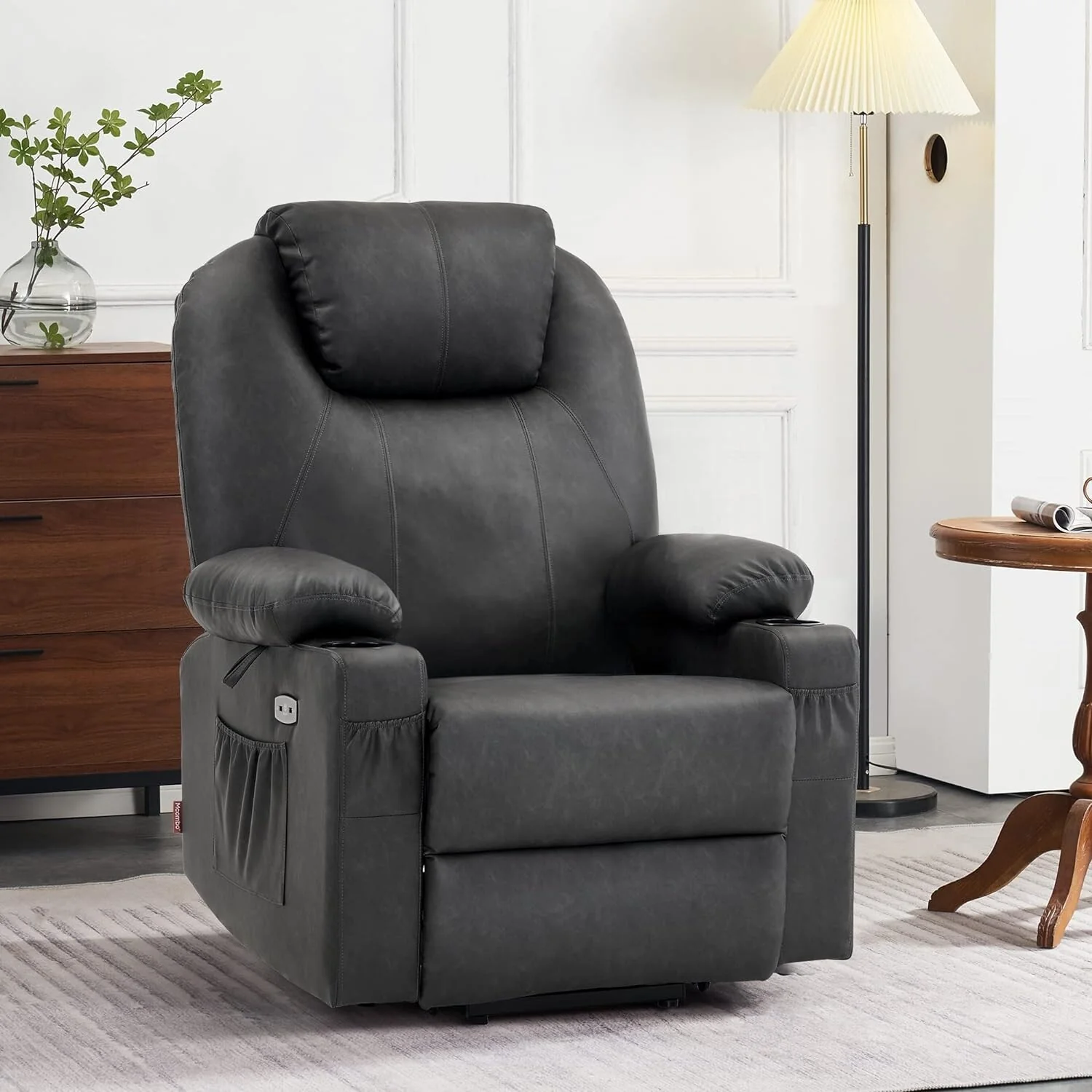 MCombo Large Power Lift Recliner Leather Chair with Massage, Heat, Cup Holders,Extended Footrest, Leather 7516