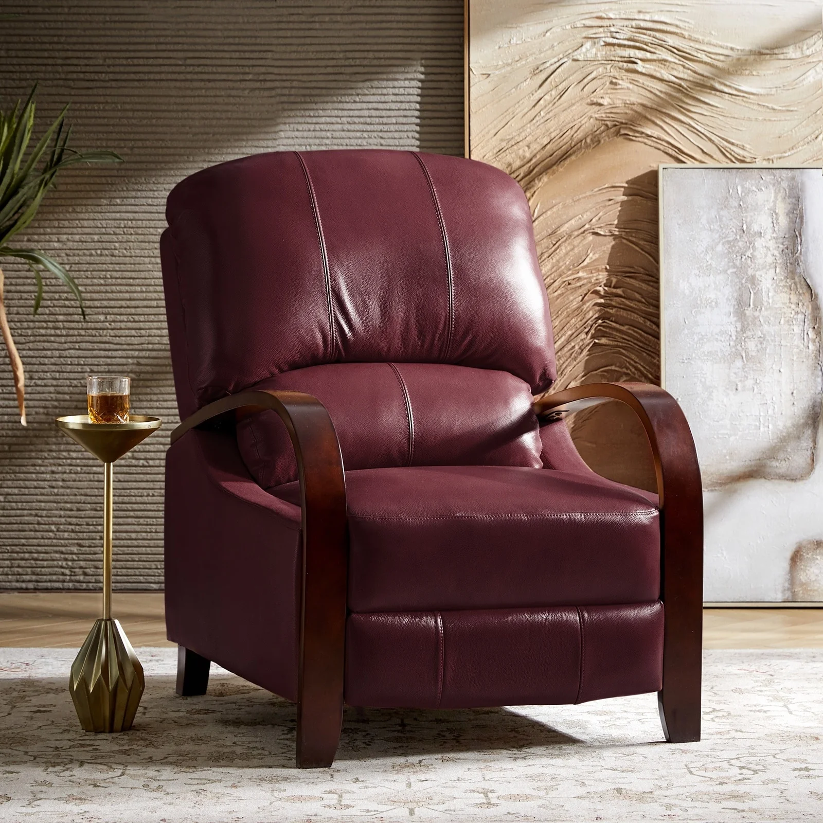 Alex Mid-century Modern Cigar Genuine Leather Manual Recliner with Wooden Curved Arms