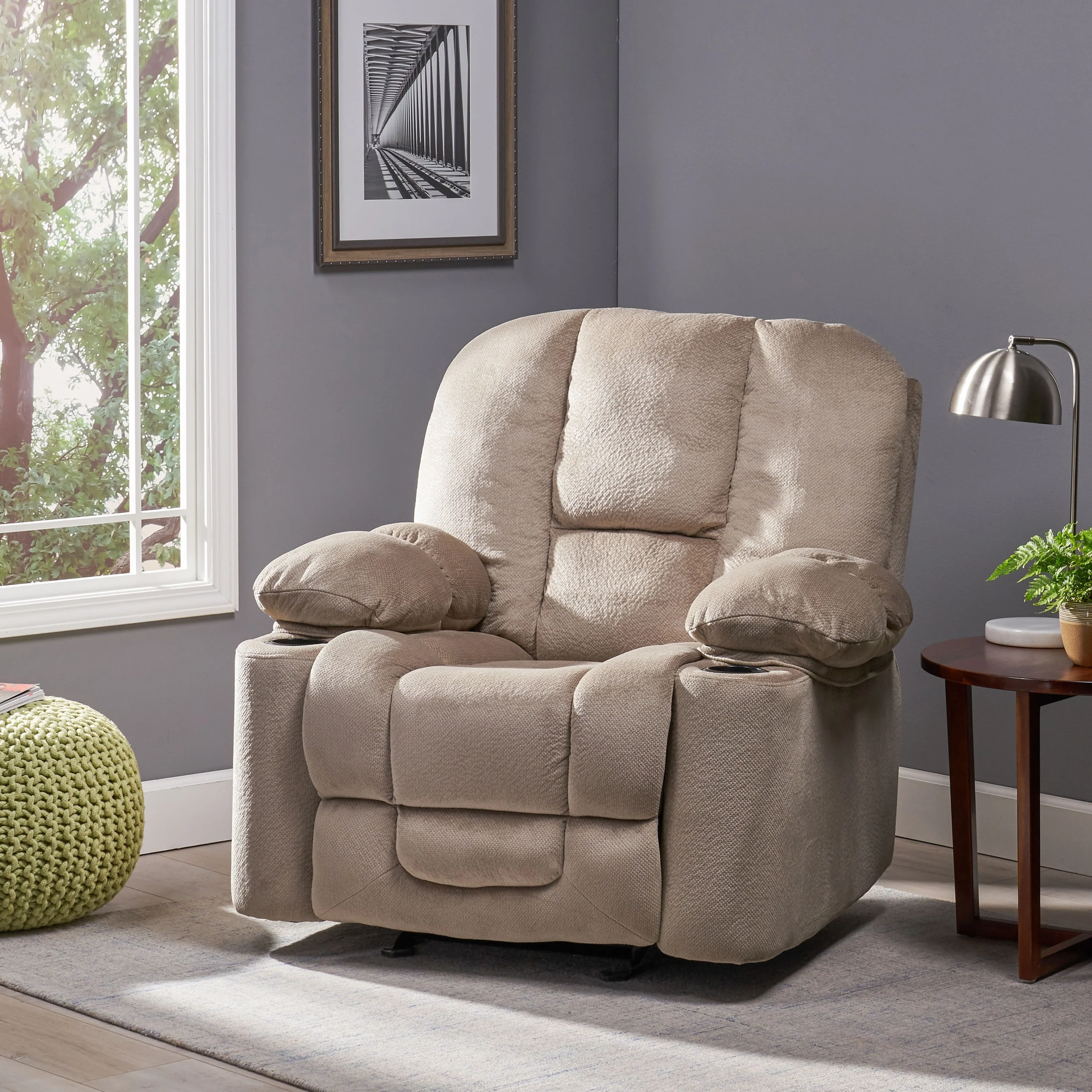 Stylish Manual Recliner with Soft Fabric Upholstery, Plush Padding, and Dual Cup Holders