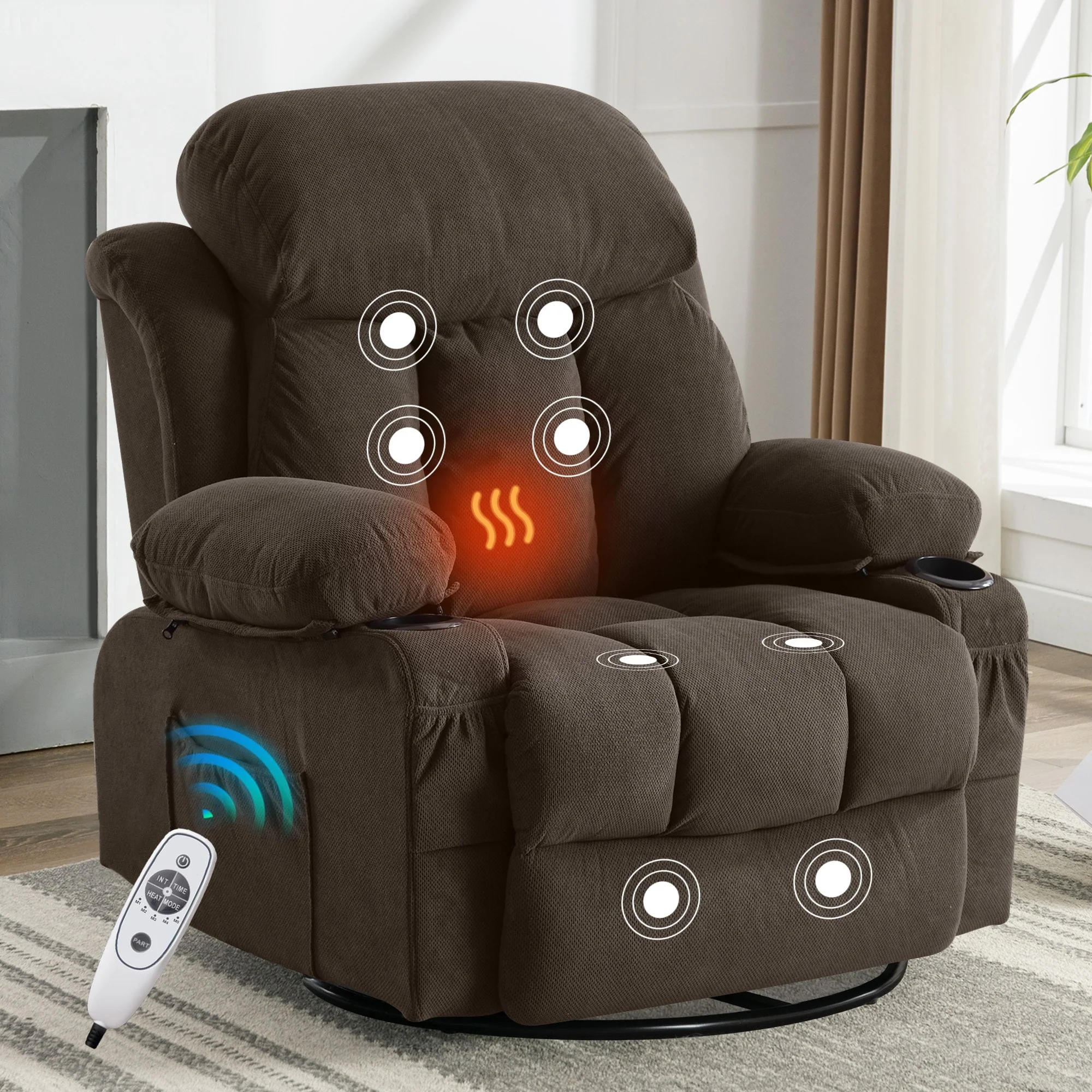 Swinging Recliner Massage Heated Sofa, With Usb And 2 Cup Holders In Side Pockets