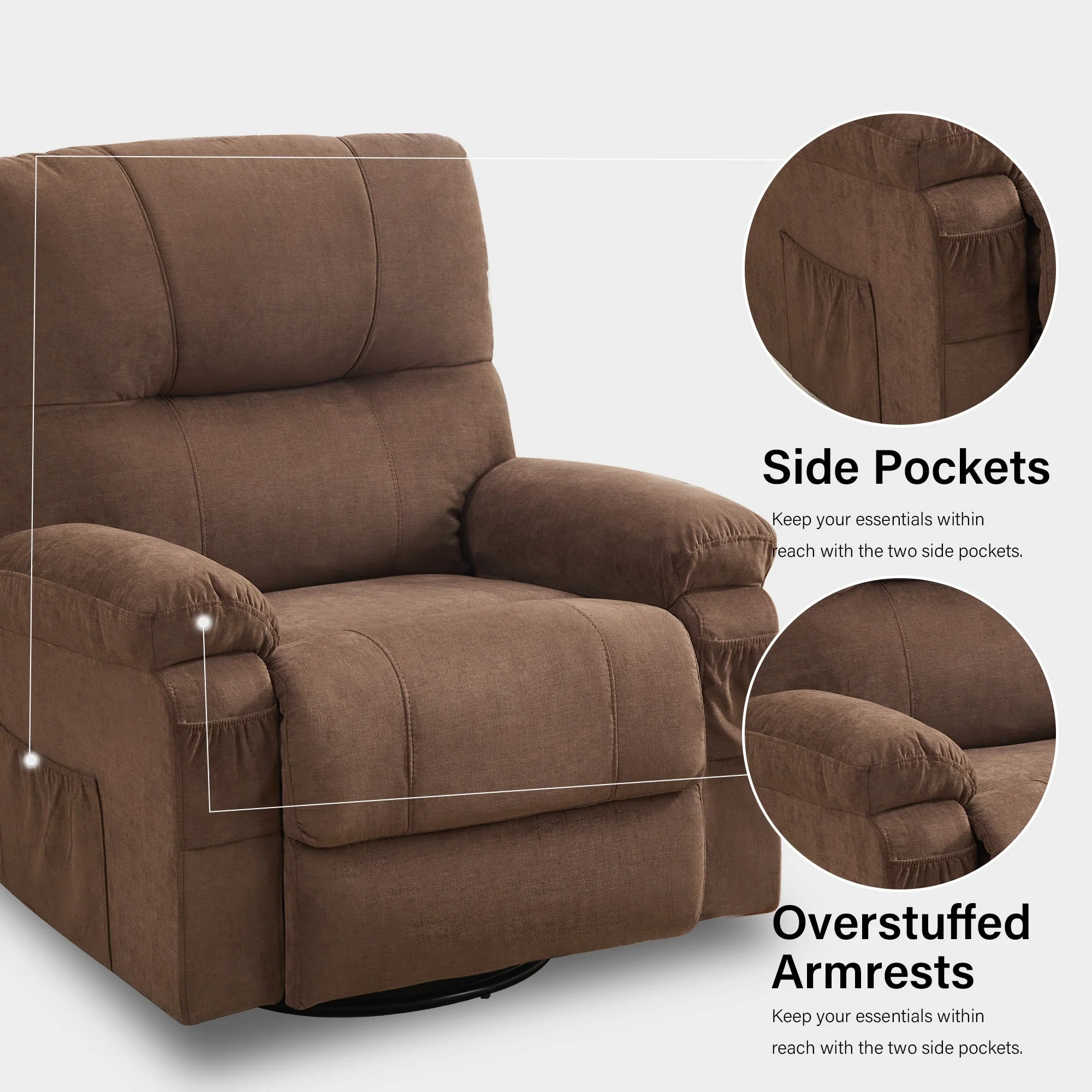 360�� Linen Swivel Rocker Recliner with Side Pockets