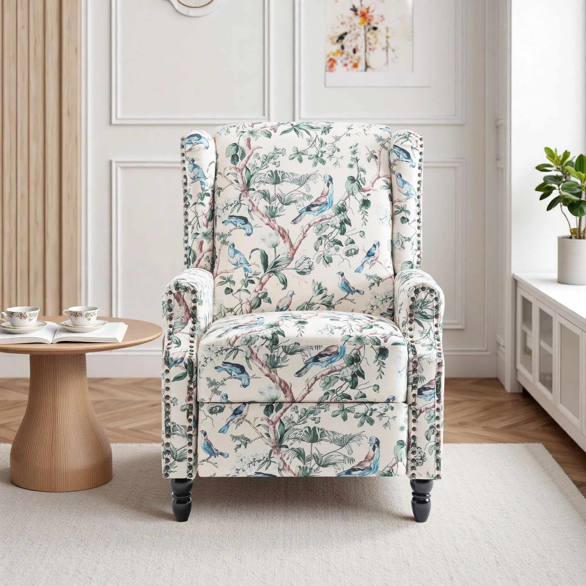 Linen Manual Upholstered Recliner with Wood Legs