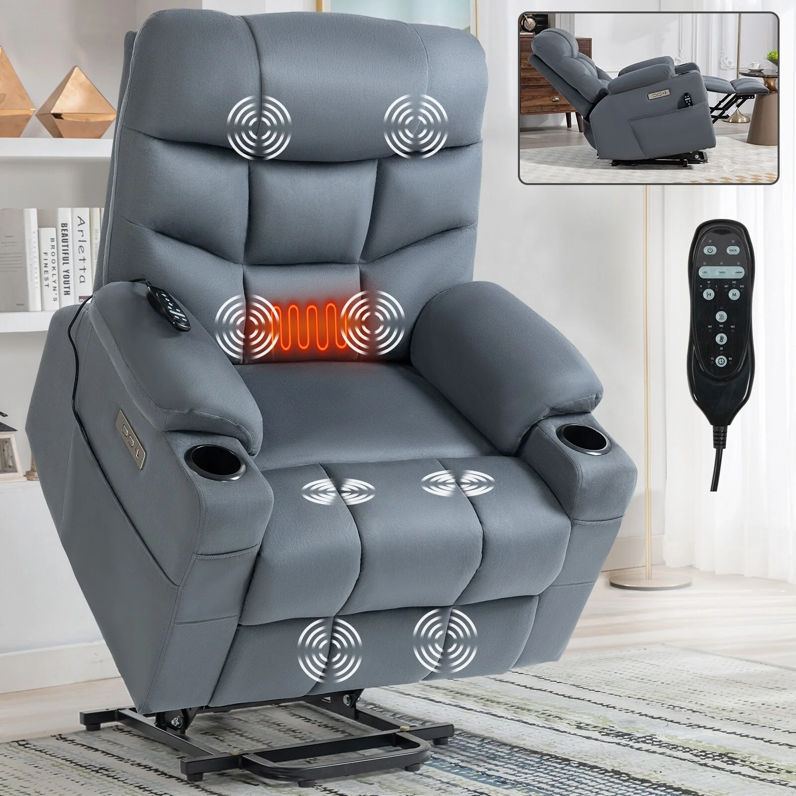 Lift Recliner with Okin Motor, 8-Point Vibration Massage, Lumbar Heating, USB & Type-C Ports, Dual Cup Holders