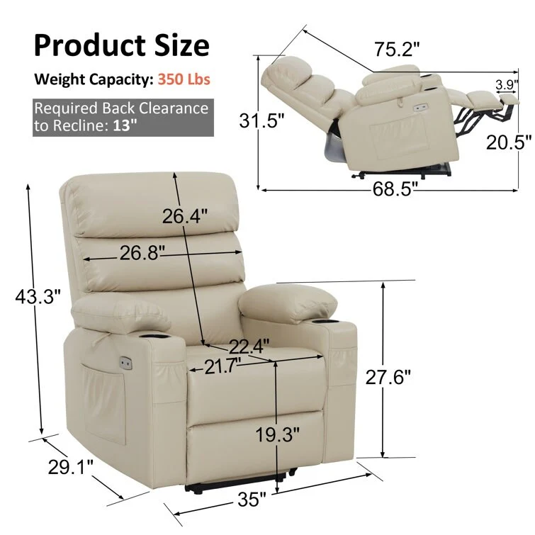 Power Recliner Lift Assit Chair with Vibration Massage and Heat, Faux Leather, 350 lbs