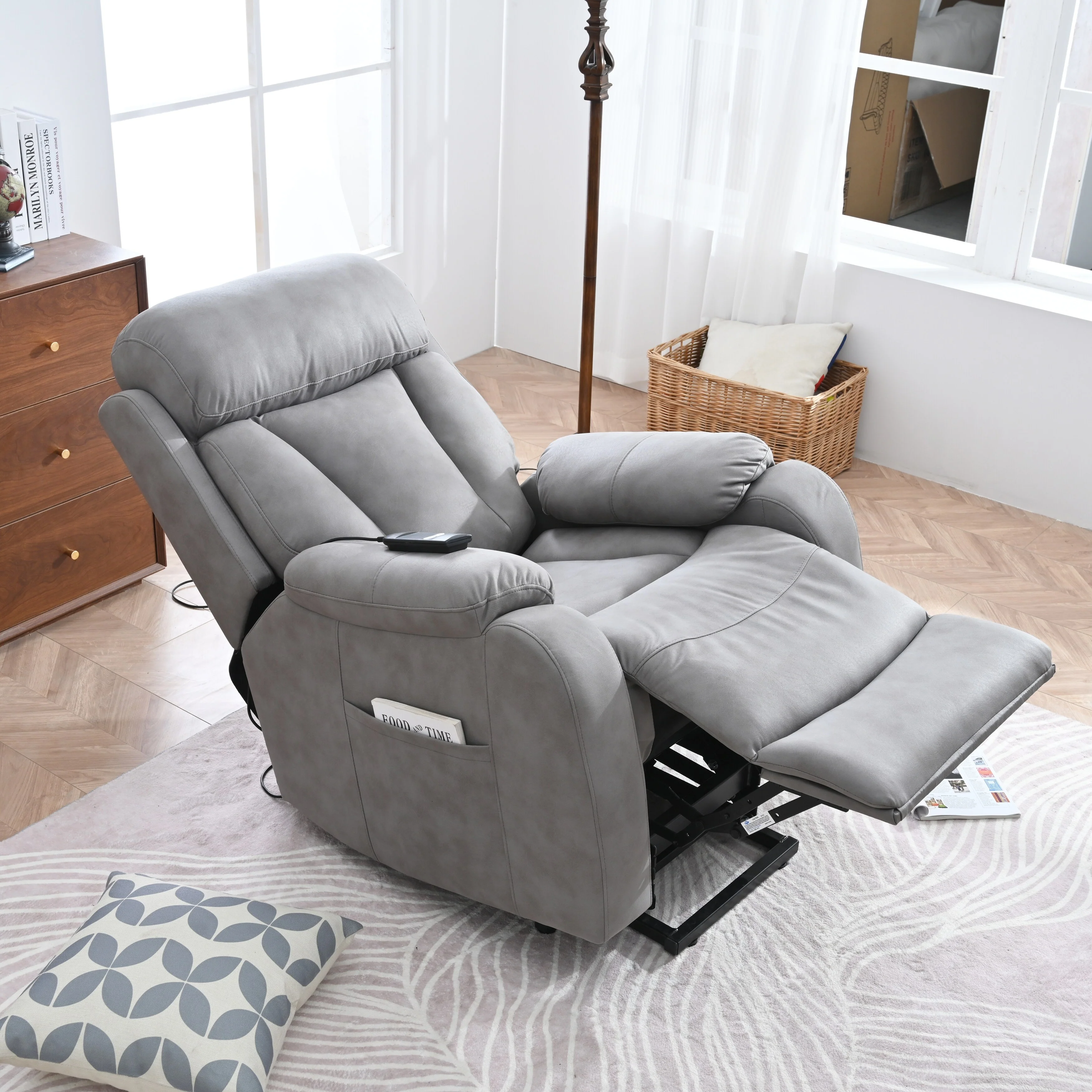 Grey Wide Seat Power Lift Recliner with Remote Control, Side Pocket, and Adjustable Recline Features