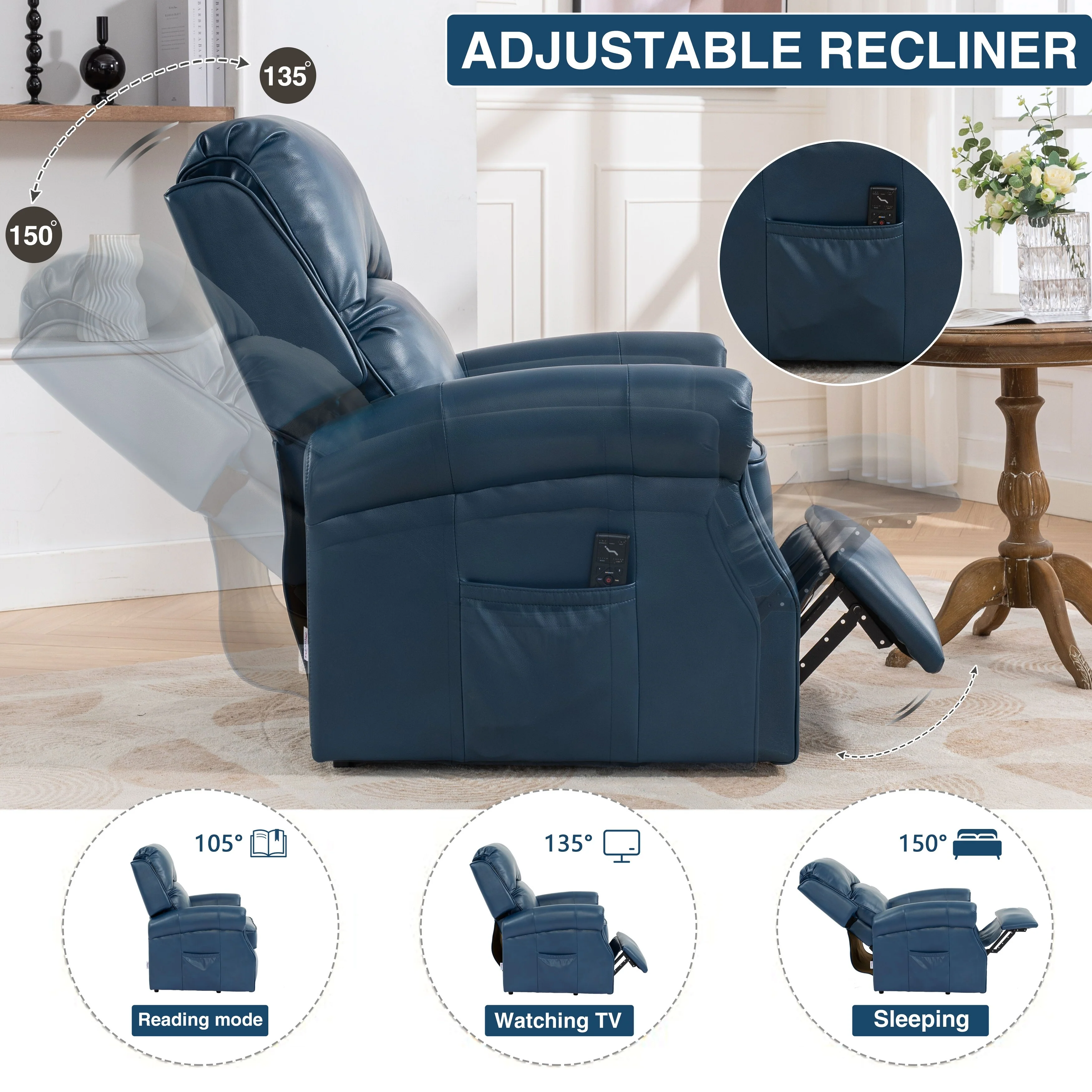 Blue Electric Power Lift Recliner with Massage, Heat, USB, and Side Pocket