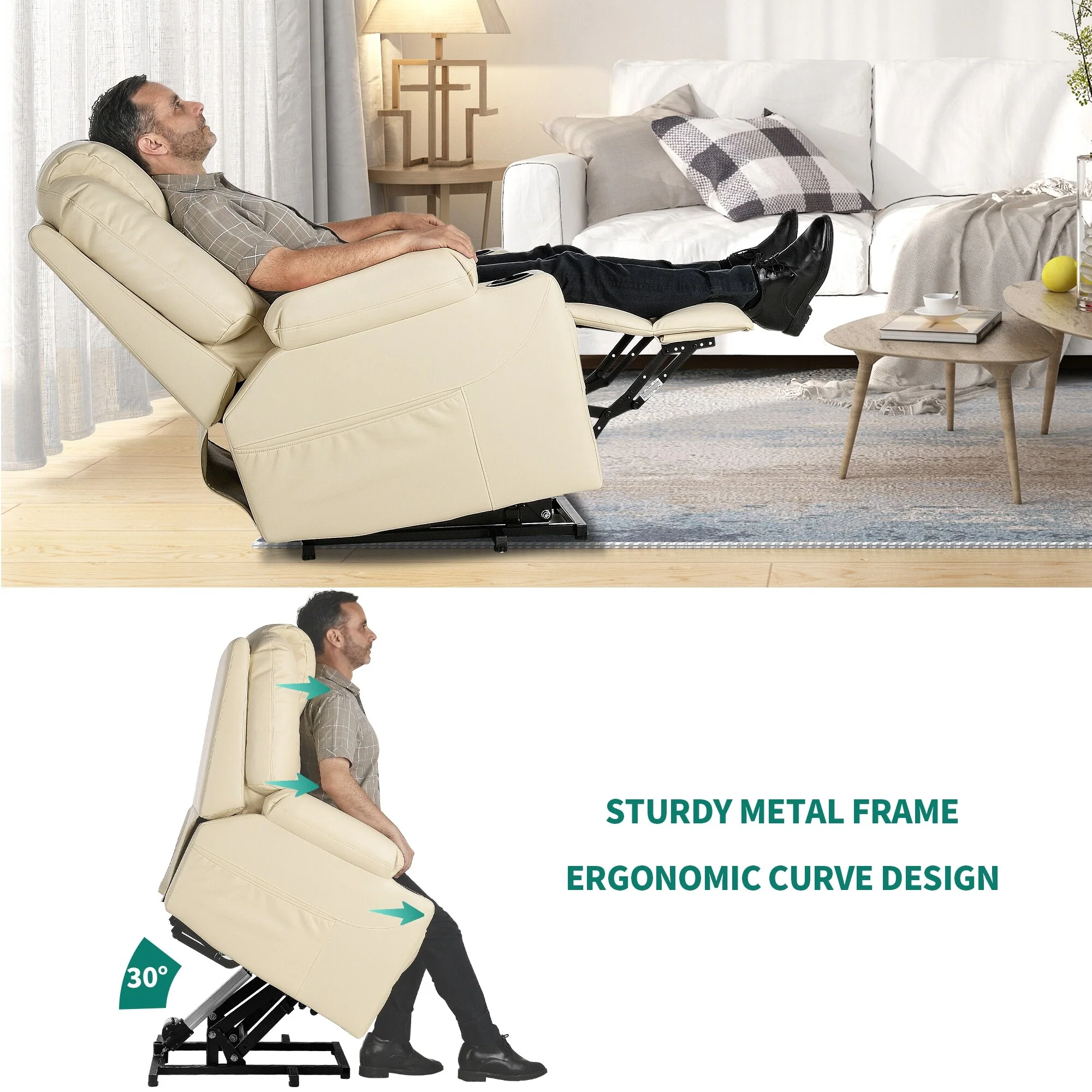 Modern Off White Reclining Chair Faux Leather/Fabric Massage