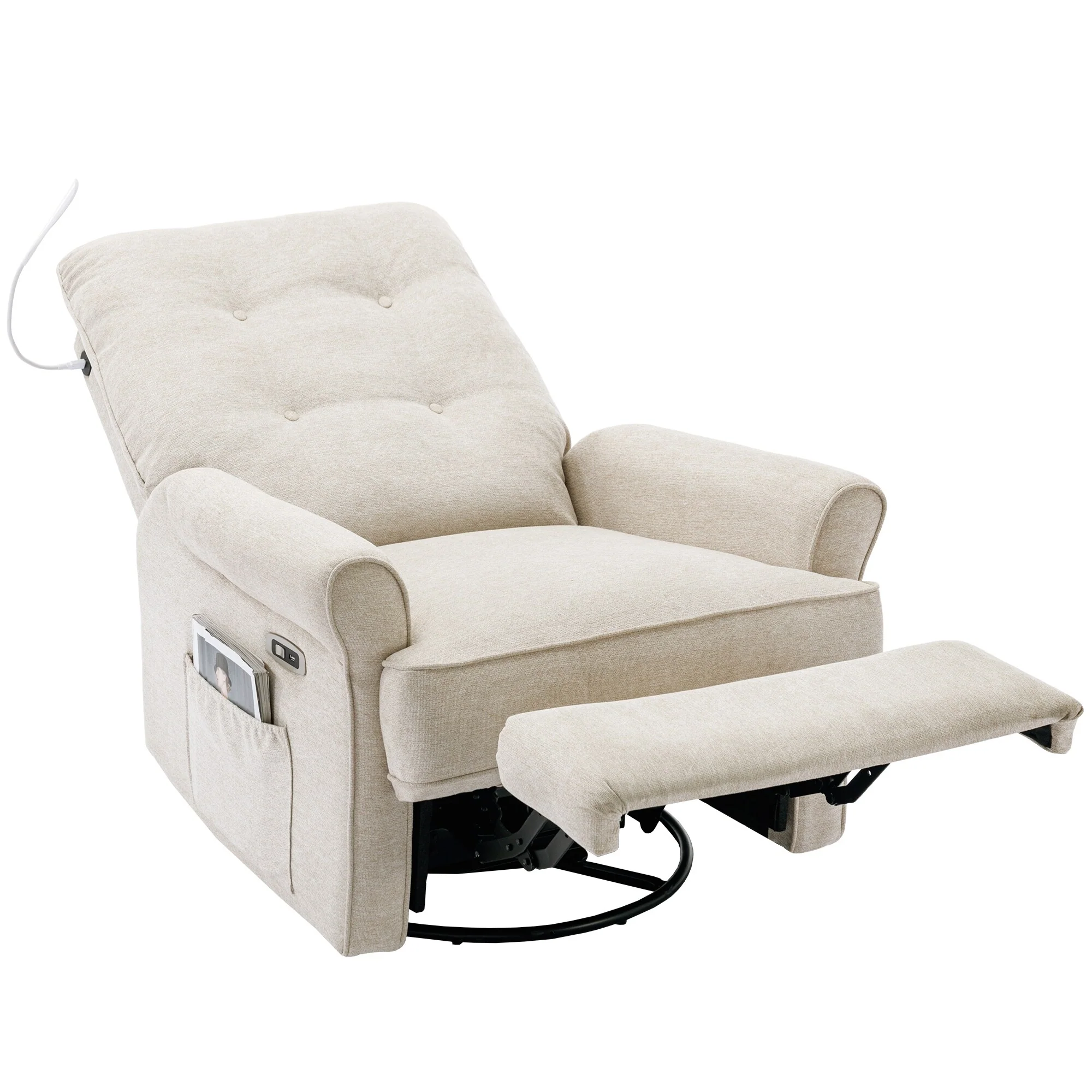 Beige 270�� Swivel Recliner with USB, Rocking Base, and Side Pocket
