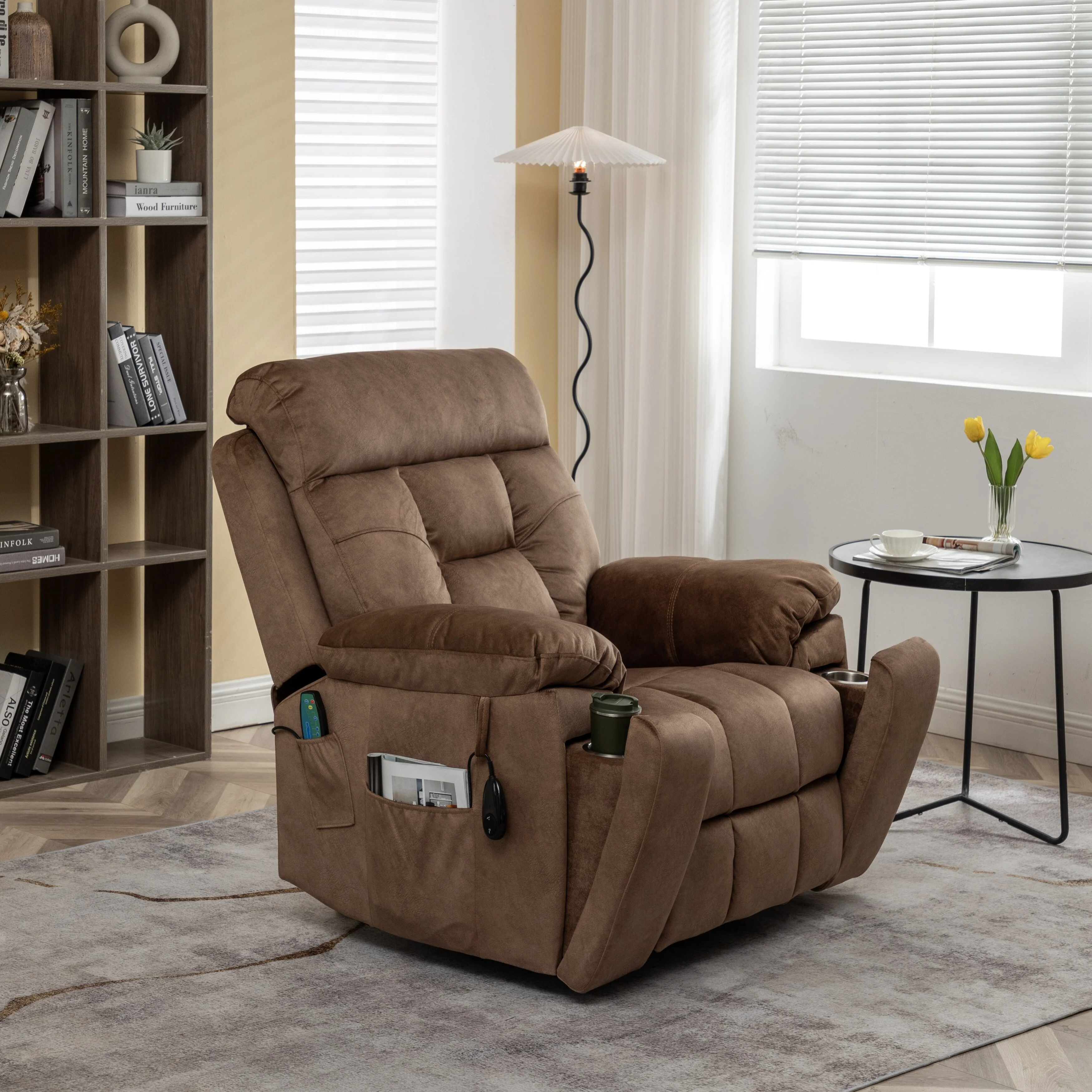 Brown Velvet Lift Recliner, Massage, Hidden Cup Holder, Pockets