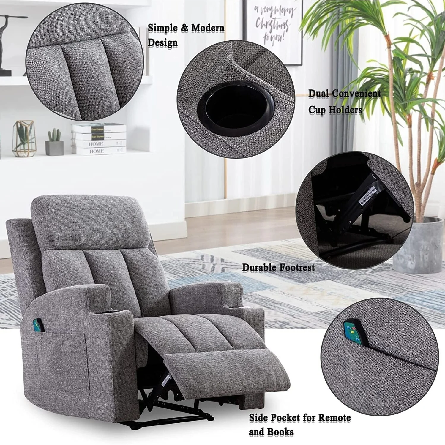 Manual Recliner Massage and Heating Chair Sofa with 2 Cup Holders Breathable Fabric