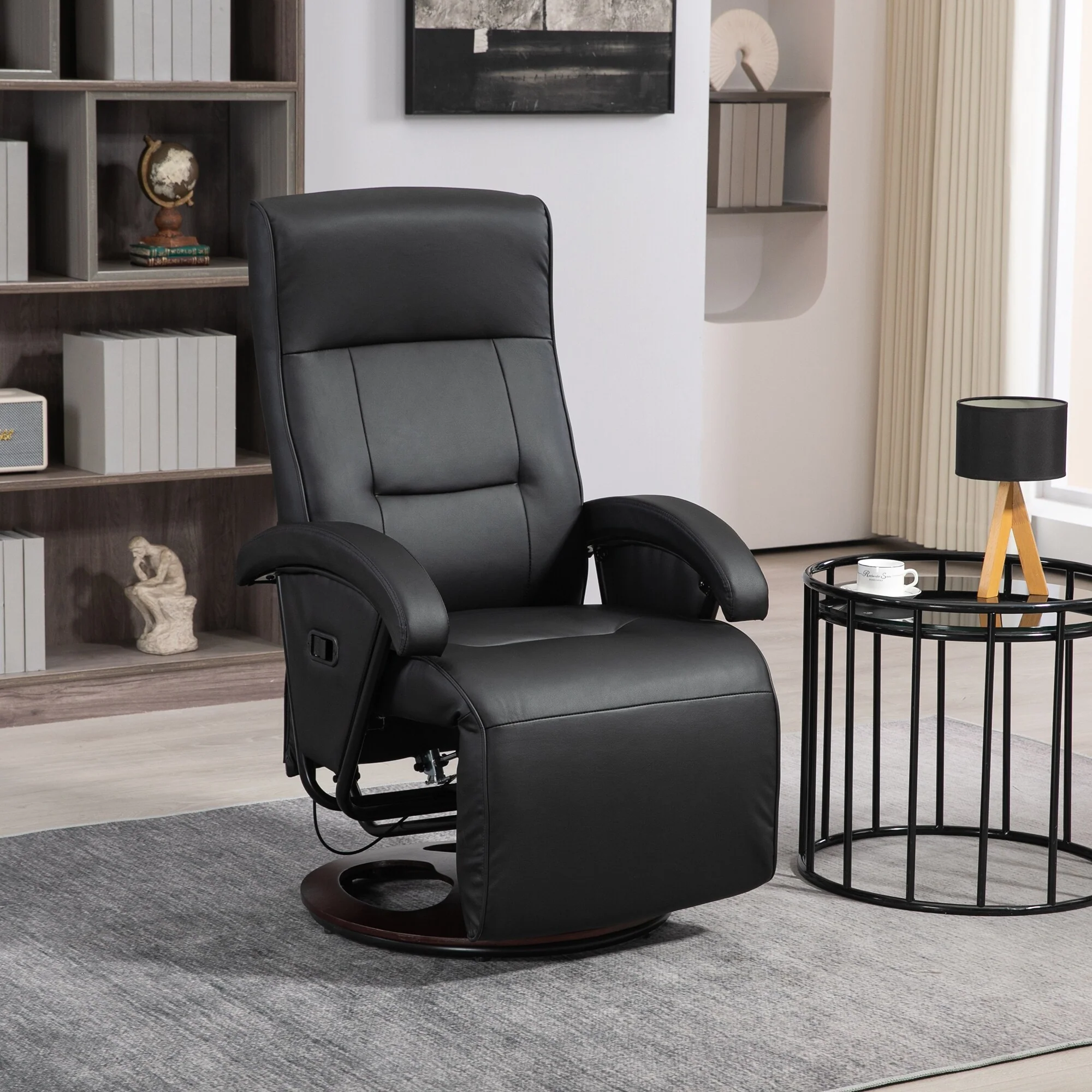 PU Leather Swivel Recliner Chair with 135�� Adjustable Backrest, Footrest & Wooden Base for Living Room Relaxation