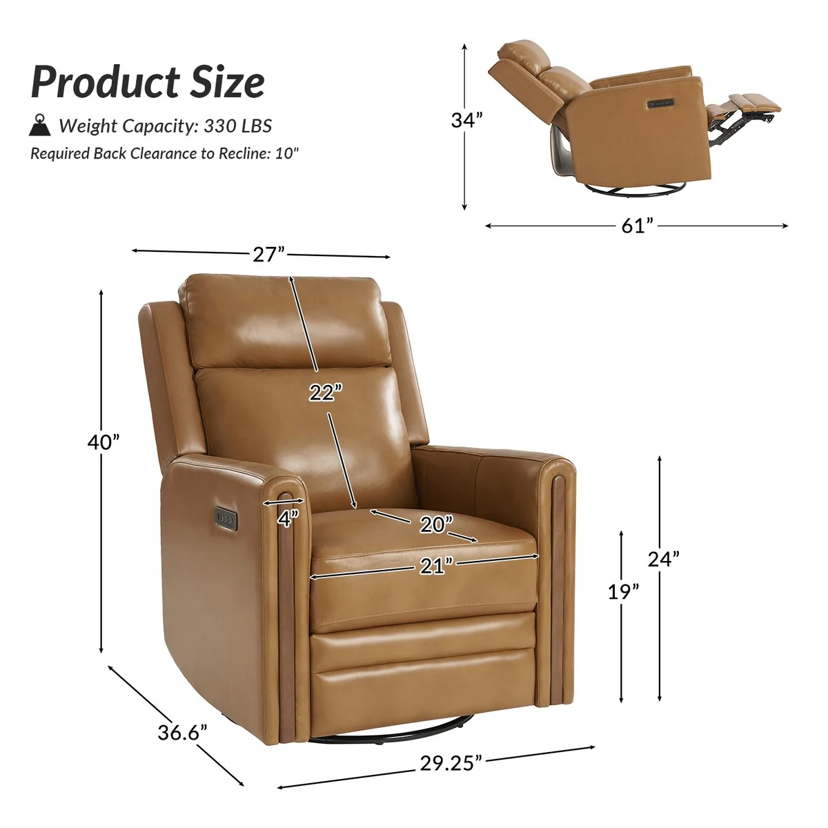Jaime Modern Genuine Leather Rocking Swivel Power Recliner with Adjustable Headrest and Footrest by HULALA HOME