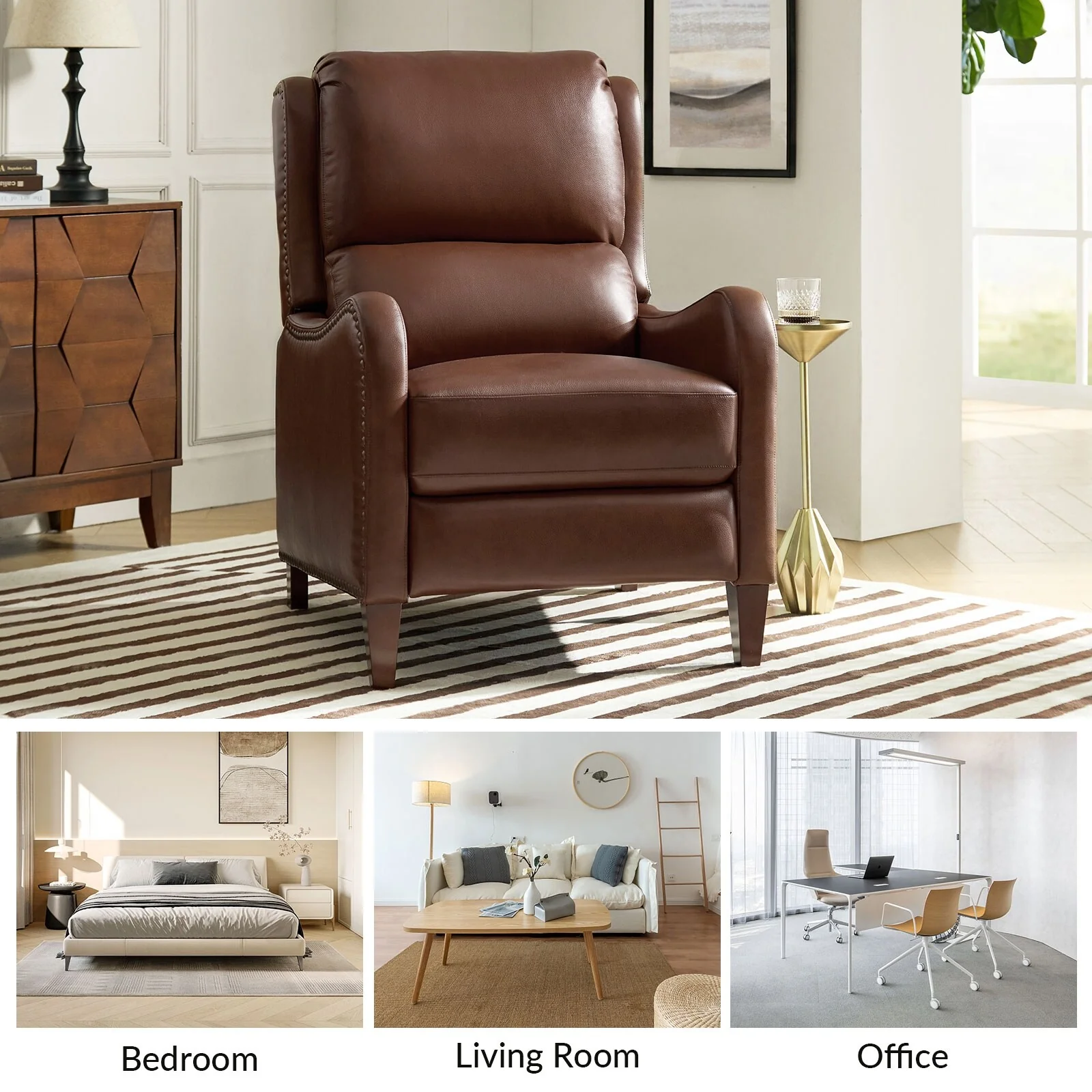 Brigida Modern Genuine Leather Nailhead Trim Recliner with Adjustable Footrest Set of 2 by HULALA HOME