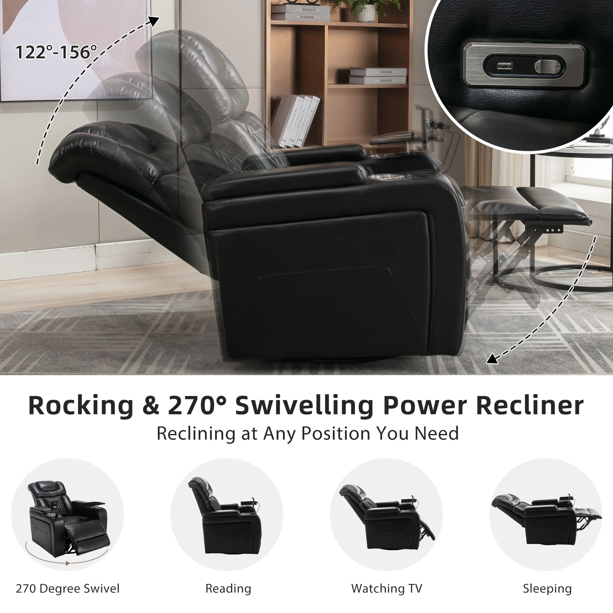Power Recliner Chair with 270�� Swivel, Tray, USB & Cup Holders