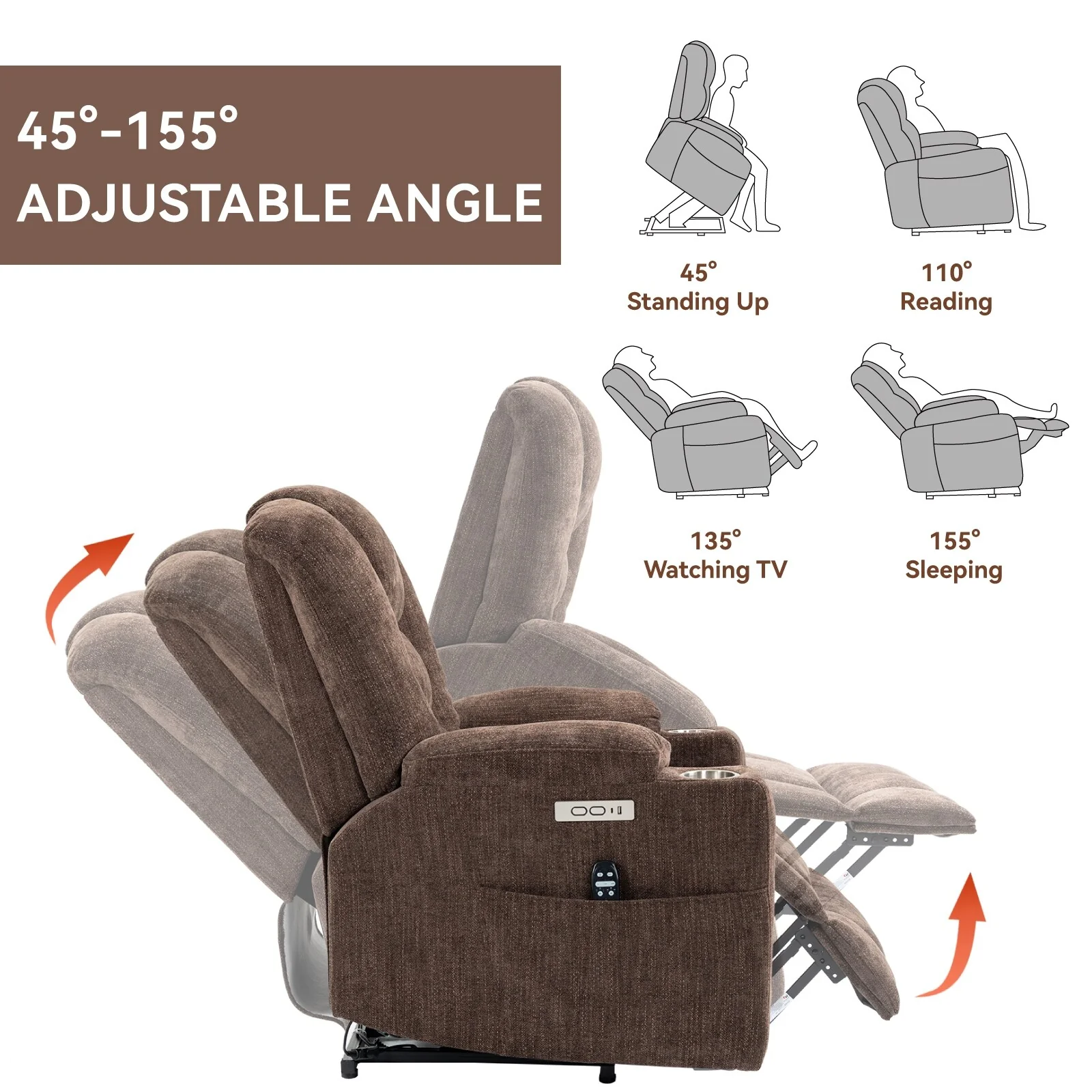 Power Lift Recliner Chair with Dual USB, Cup Holders & Chenille Fabric