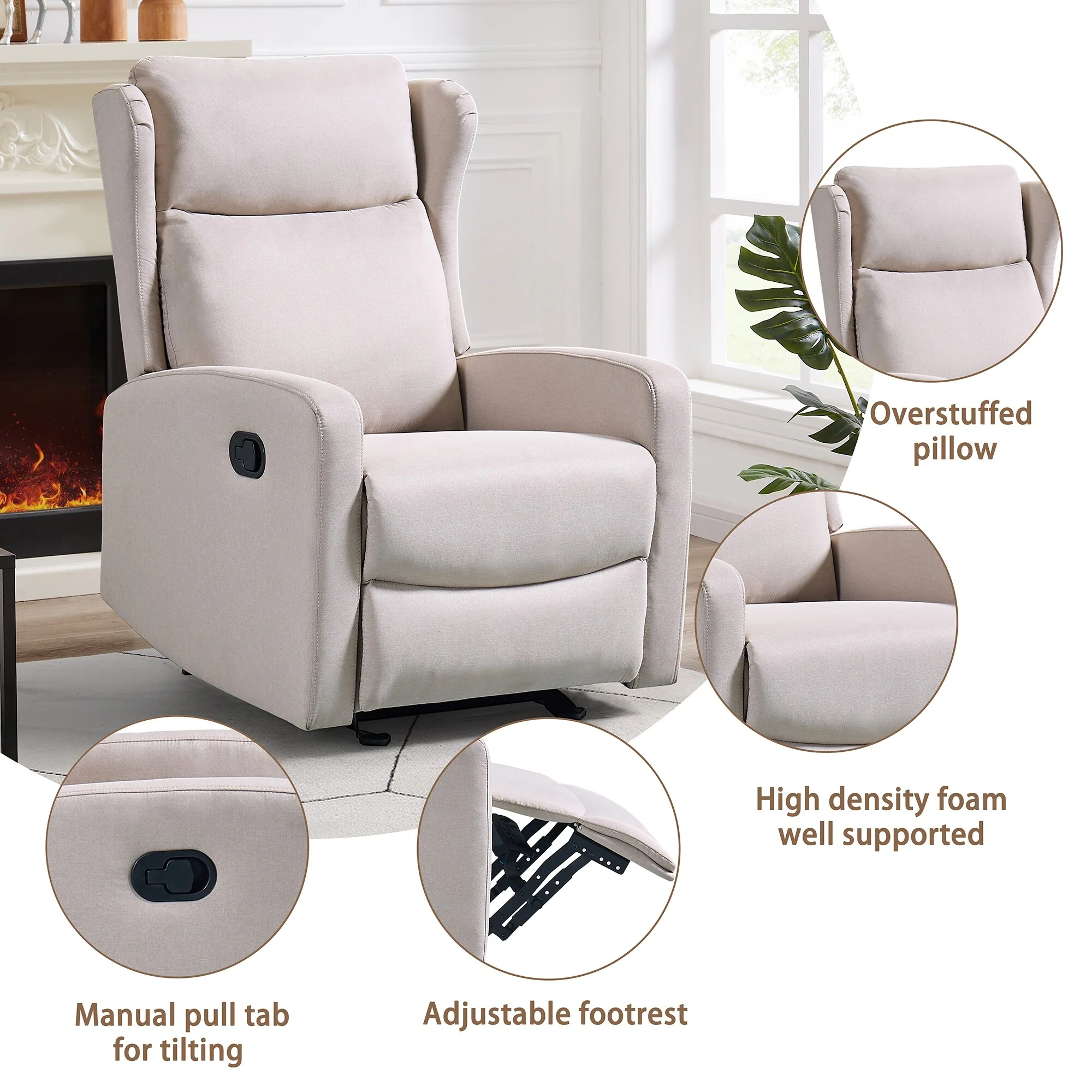 Adjustable Rocker Recliner Chair (90��-165��) with Linen Upholstery
