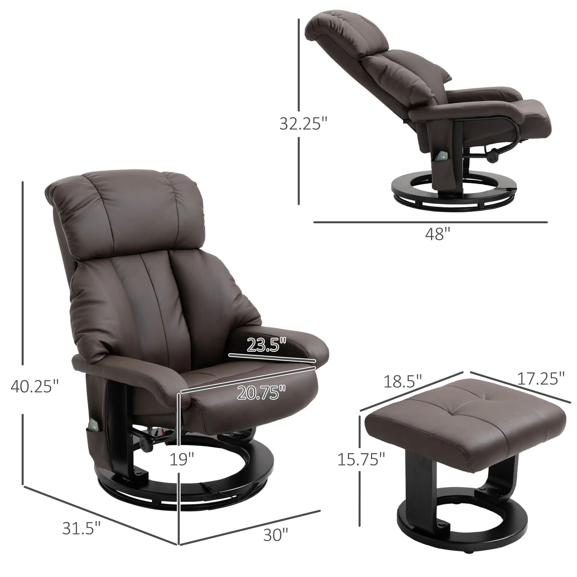 PU Leather Reclining Massage Chair with Ottoman, 360�� Swivel Base, and Remote-Controlled Vibration
