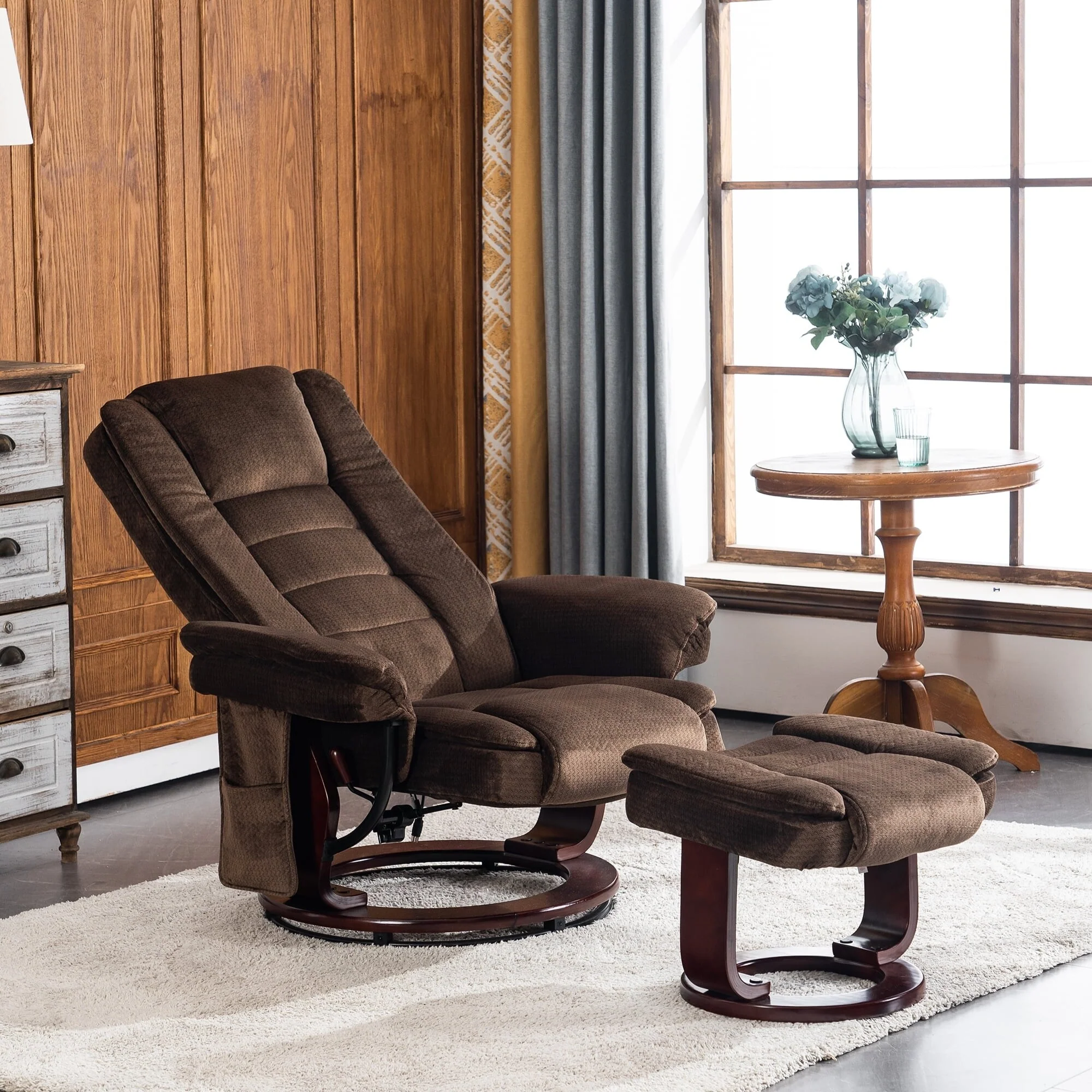 Mcombo Recliner Chair with Ottoman, Fabric Massage Swivel Chair