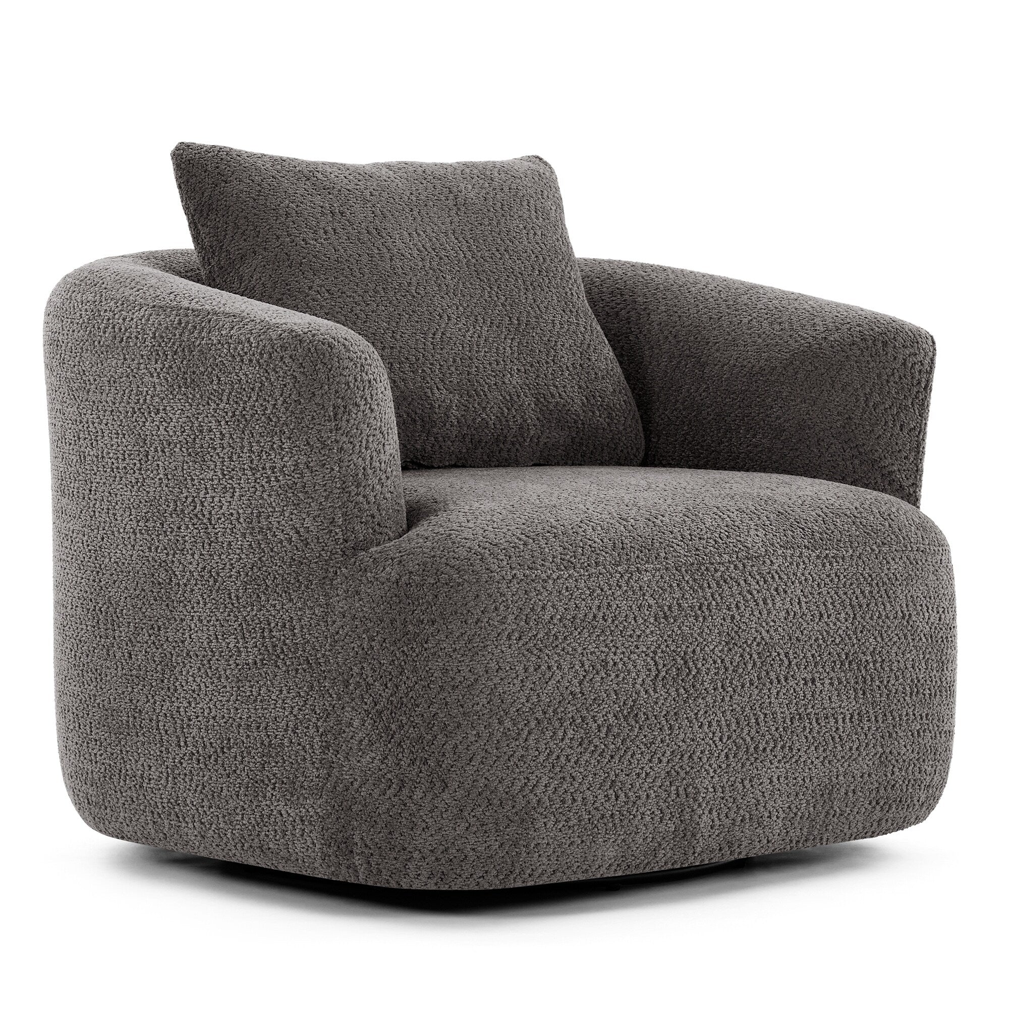 360�� Swivel Chair, 38.2 Boucle Accent Chair with Throw Pillow, Upholstered Barrel Sofa Chair with Curved Armrests