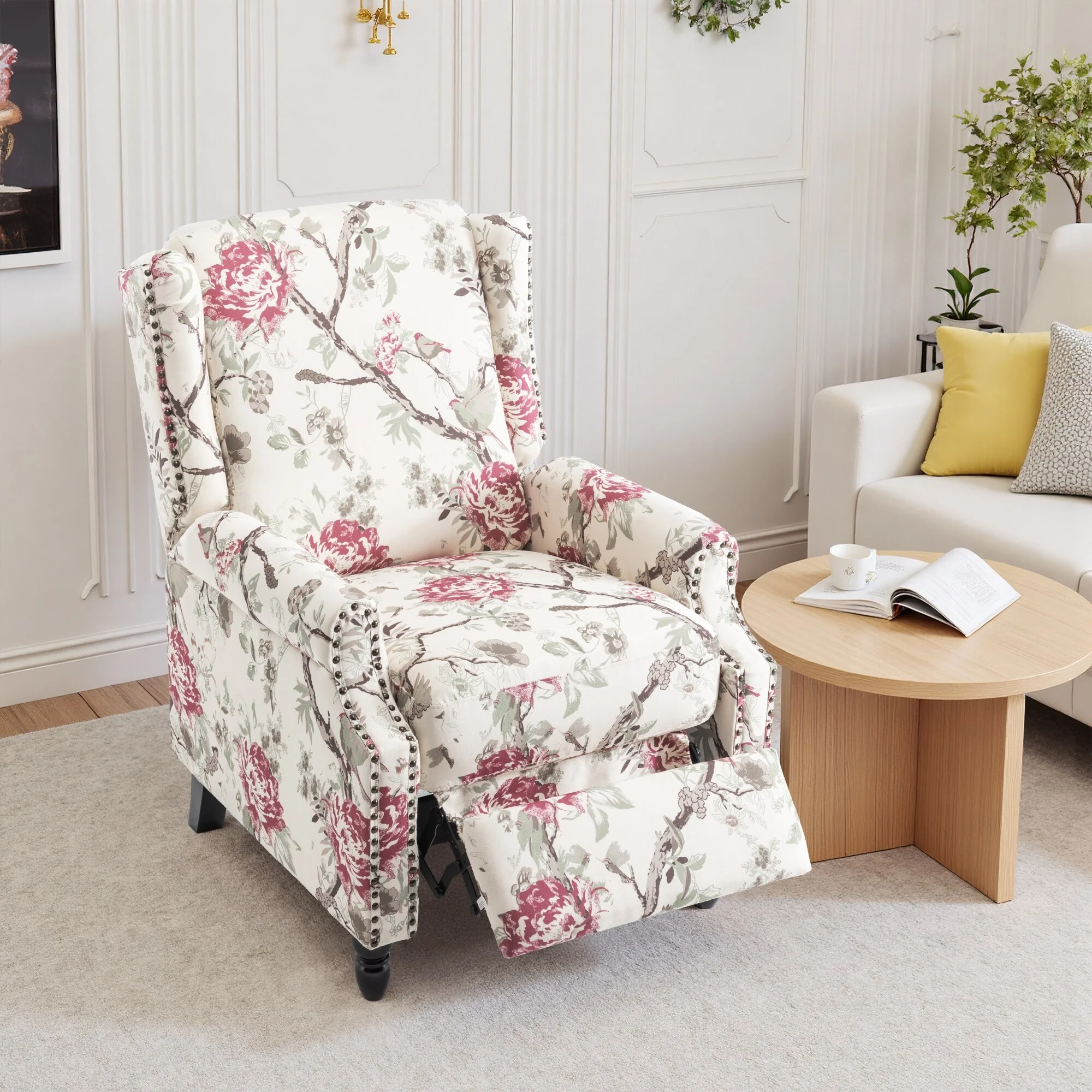 Linen Manual Upholstered Recliner with Wood Legs