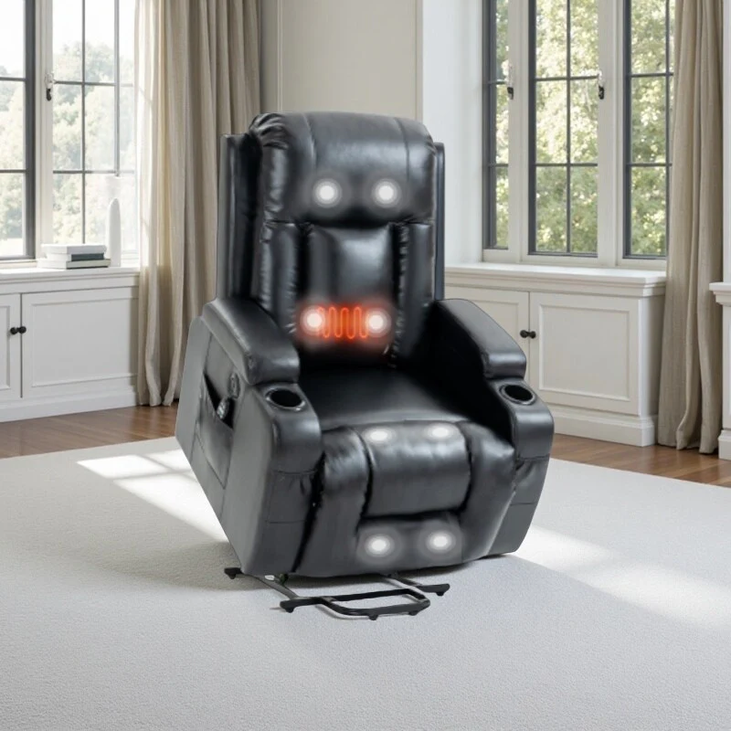 Heavy-Duty Power Lift Recliner with 8-Point Massage, Lumbar Heat Therapy, USB Charging, Dual Cup Holders, and Spacious Seating
