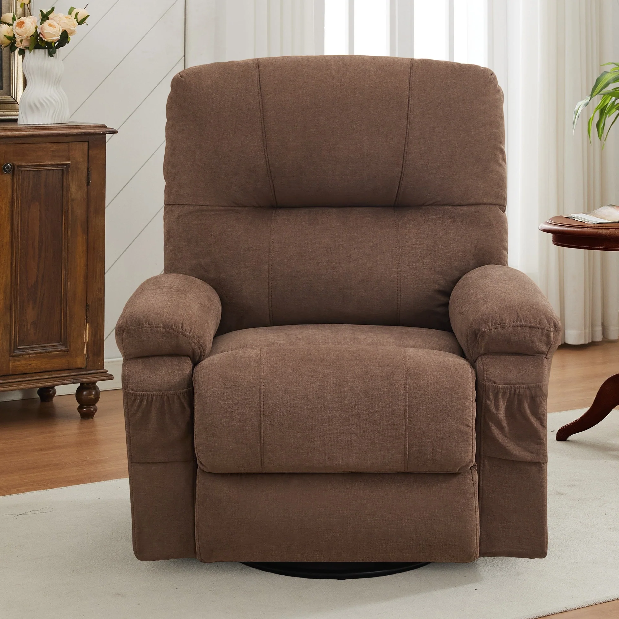 360�� Rotating Recliner Chair with Adjustable Backrest, Swivel Rocking Armchair with Footrest, Soft Cushions & Side Pockets