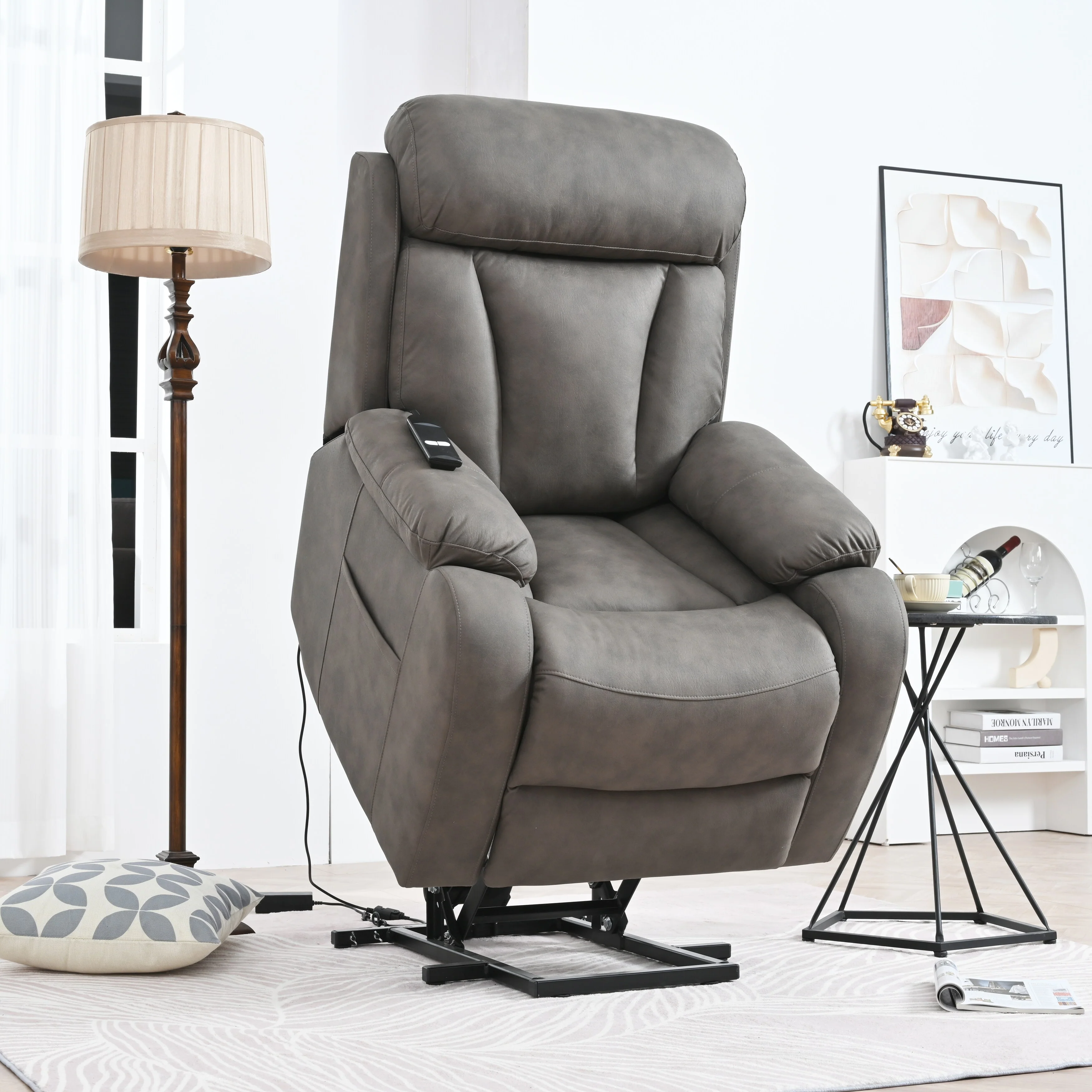 Grey Wide Seat Power Lift Recliner with Remote Control, Side Pocket, and Adjustable Recline Features