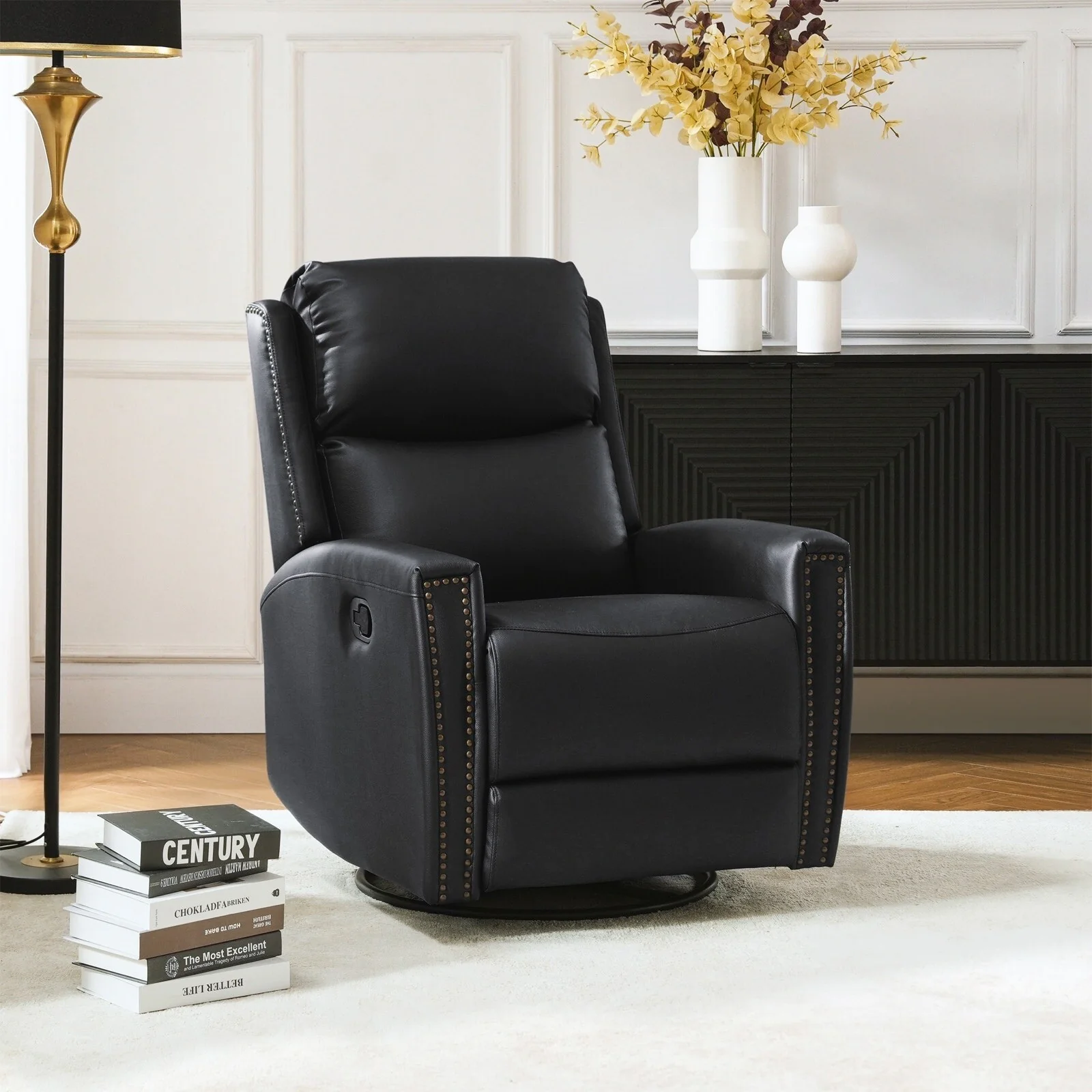 Fiacro 30.31Wide Modern Genuine Leather Wingback Swivel Rocker Recliner with Nailhead Trims