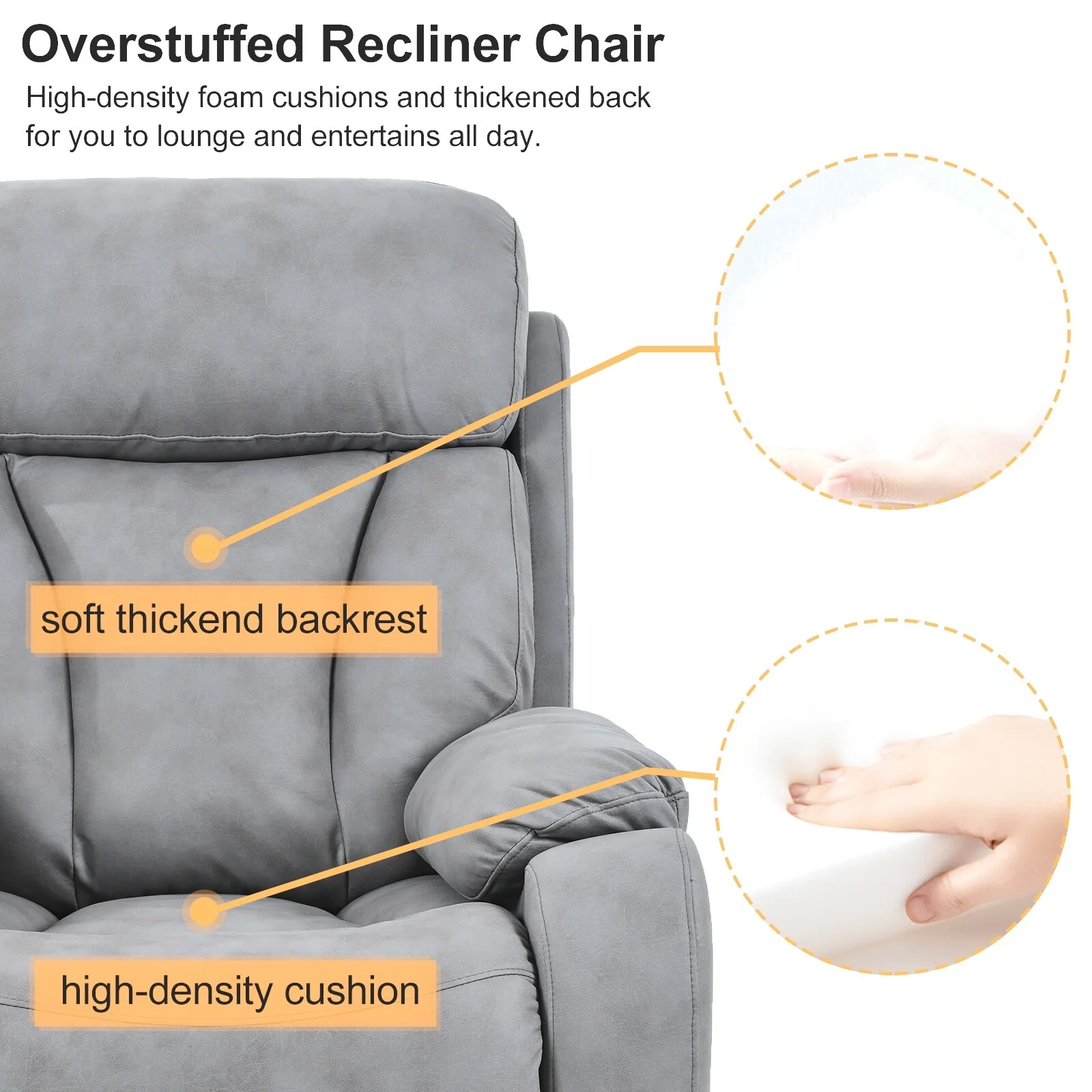 Recliner Chair Wide Seat with Overstuffed Pillows, Remote Control and Side Pocket