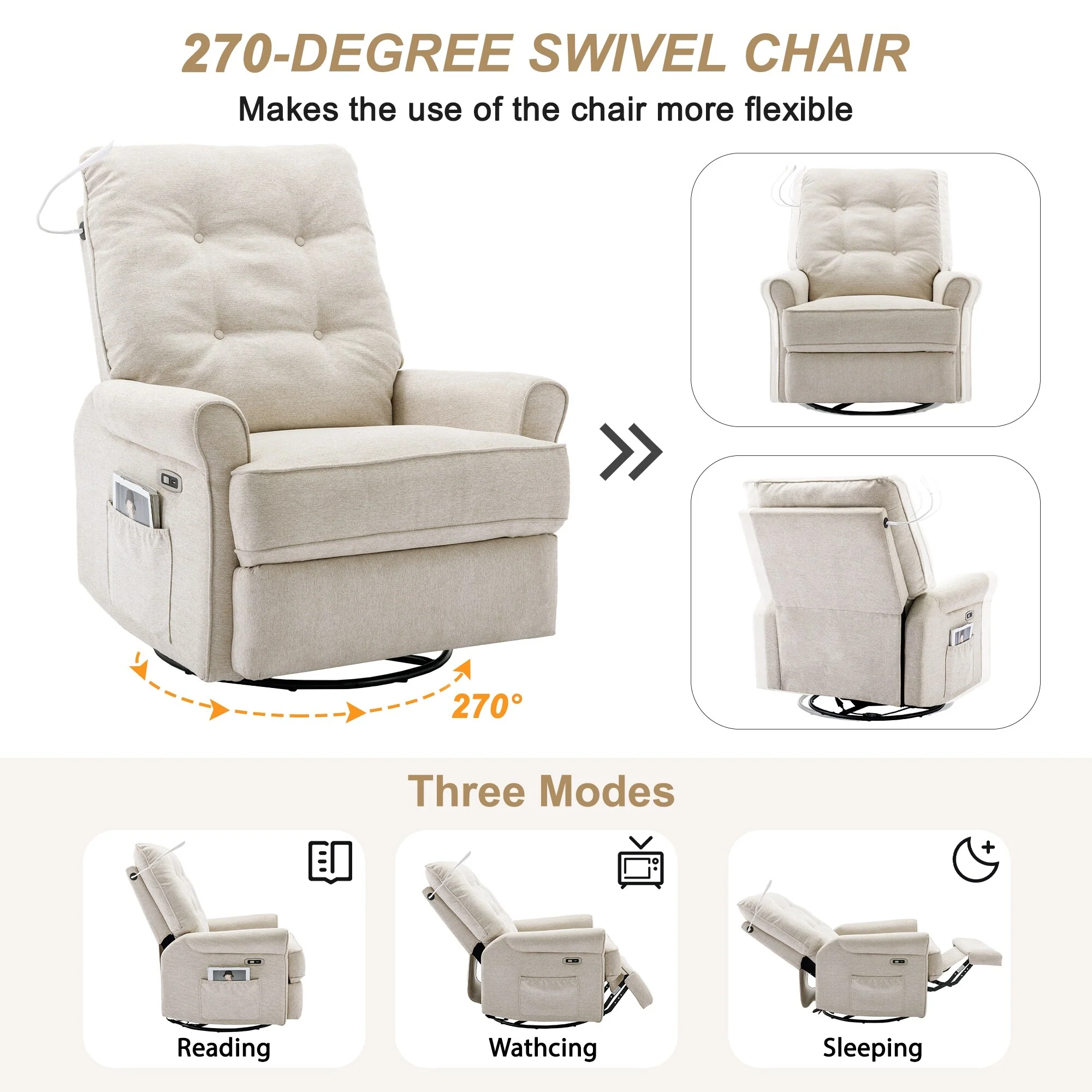 Beige 270�� Swivel Recliner with USB, Rocking Base, and Side Pocket