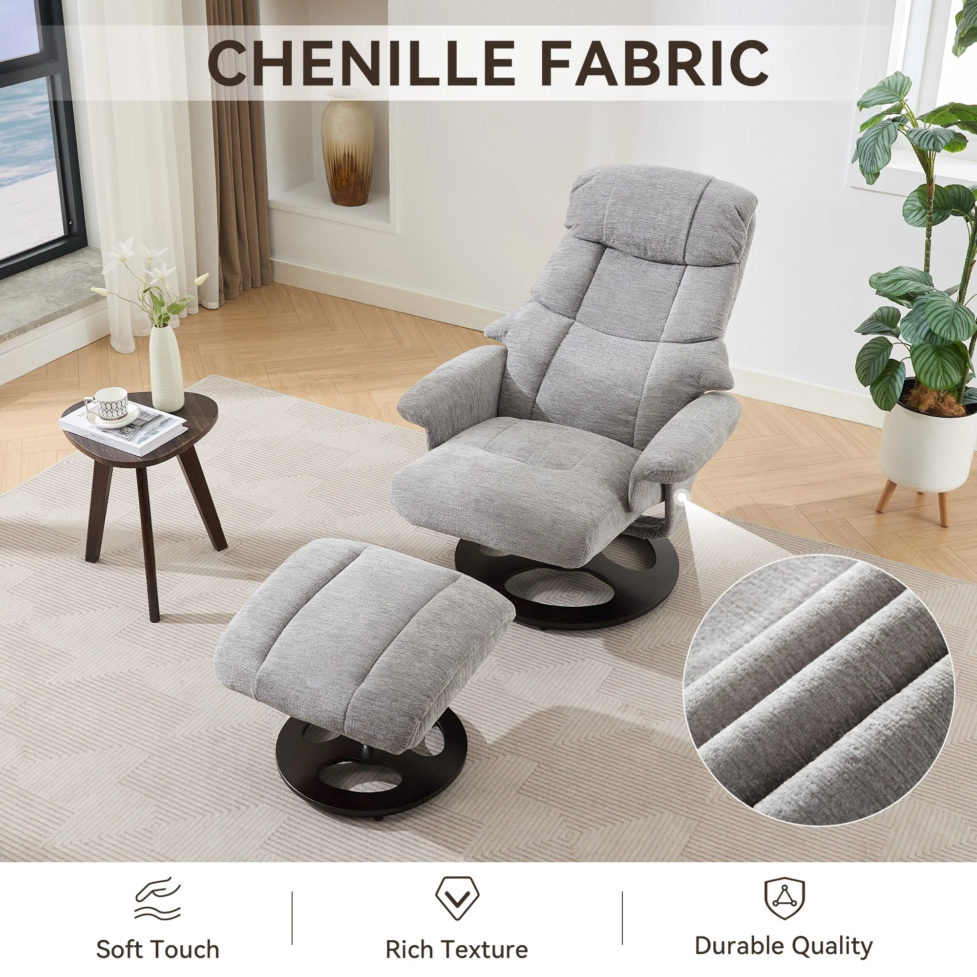 Modern 360�� Swivel Lounge Chair with Footstool, 5 Point Vibration Massage, Seat Heating & 140�� Adjustable Backrest