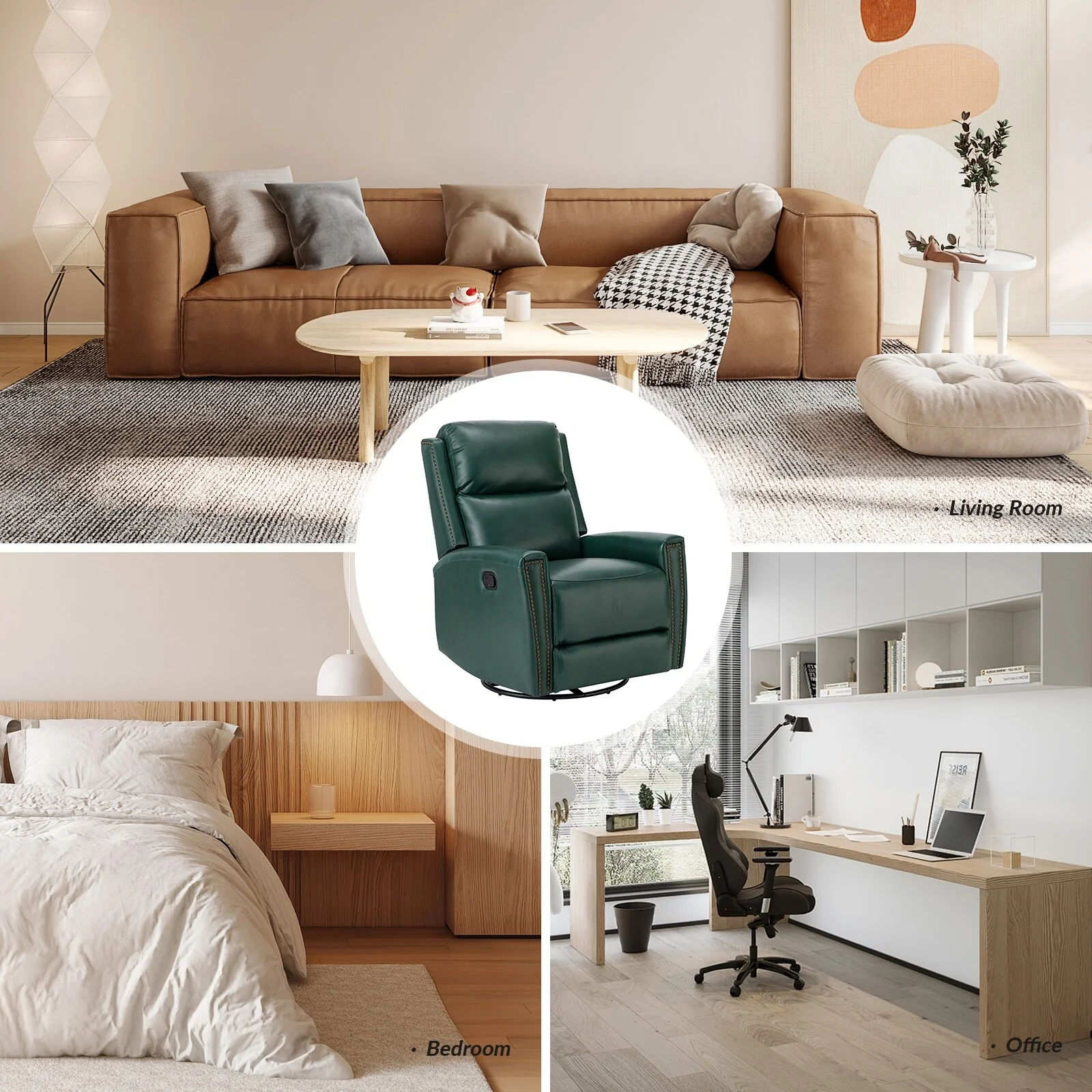 Fiacro 30.31Wide Modern Genuine Leather Wingback Swivel Rocker Recliner with Nailhead Trims