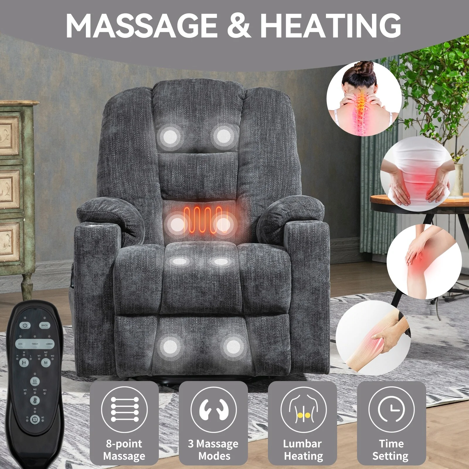 Grey Large Power Lift Recliner with Massage, Heat, USB, and Cup Holders