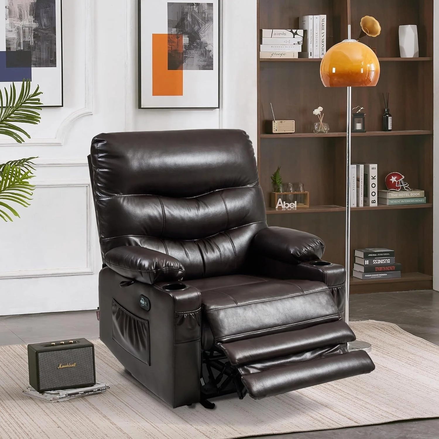 Large Power Faux Leather Recliner Chair with Heat and Massage, Cup Holder, USB Port
