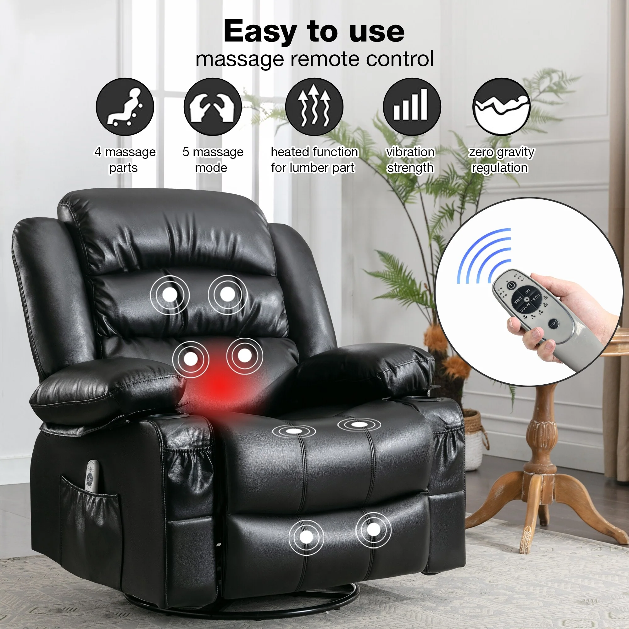 Black Massage Swivel Rocker Recliner with Heat, 360�� Rotation, 8-Point Vibration, Cup Holders, USB Charging, and Side Pocket