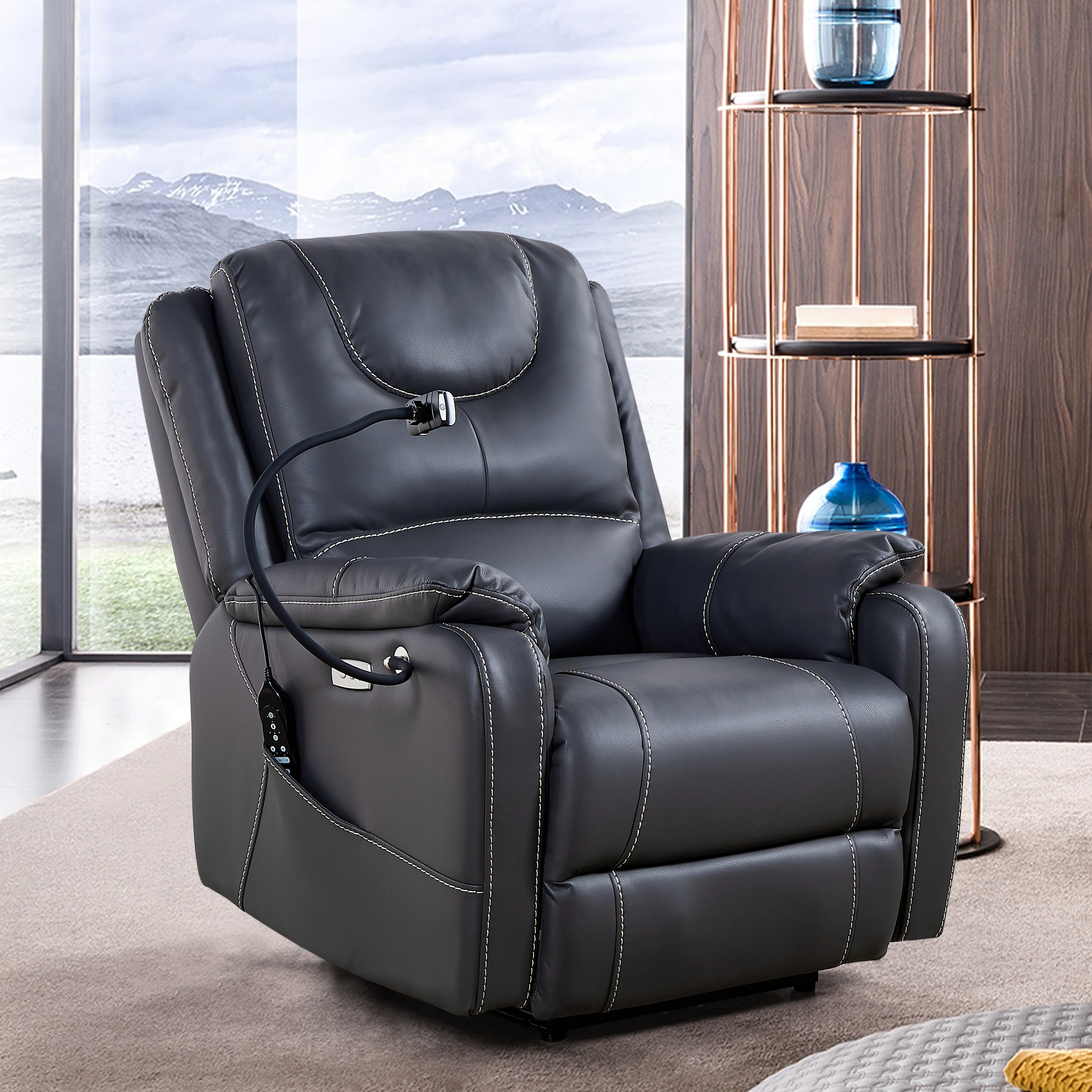 Black Adjustable Power Recliner with Massage, Heating, USB Ports, Phone Holder, and Side Pockets