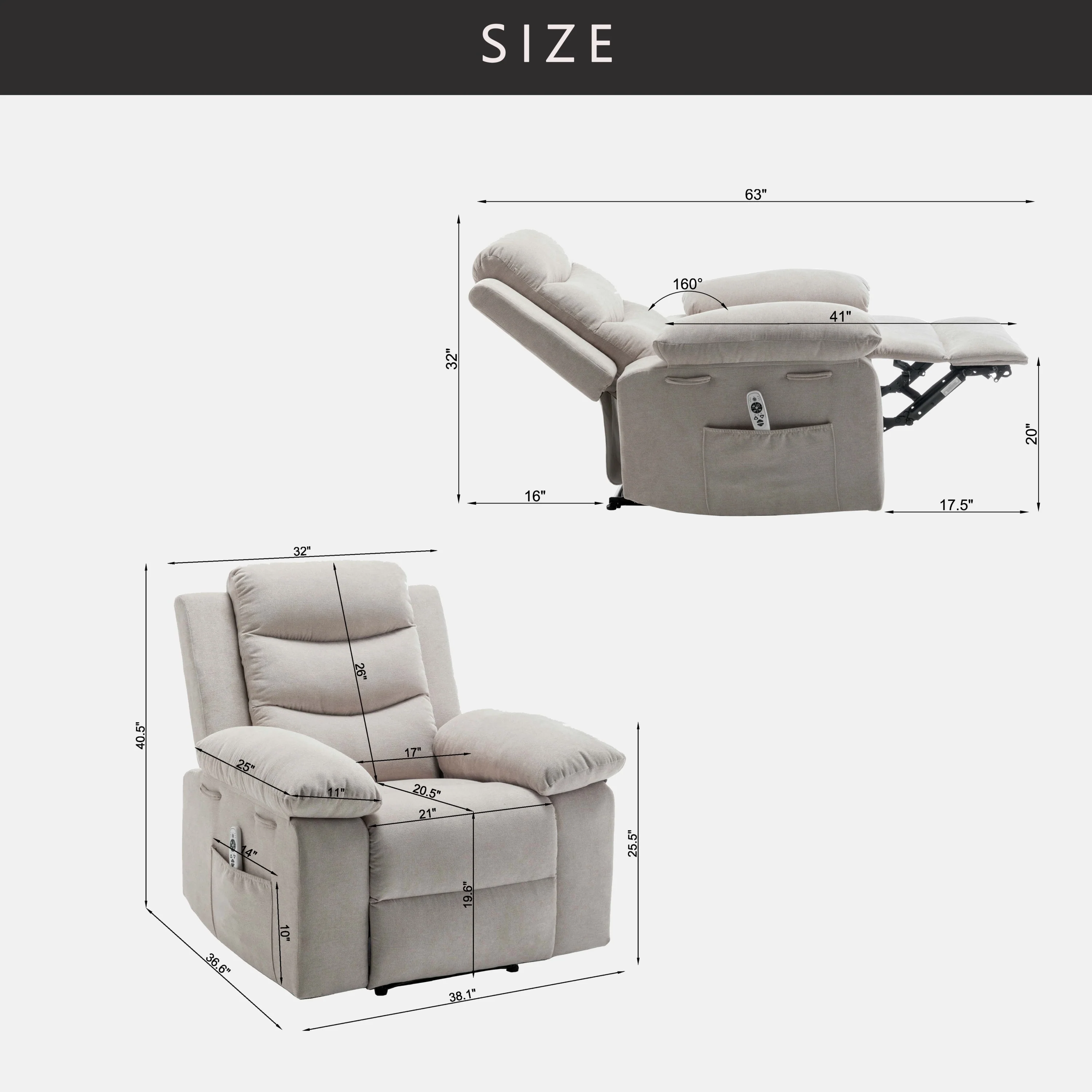 Velvet Adjustable Massage Function Power Recliner Chair with Heating System