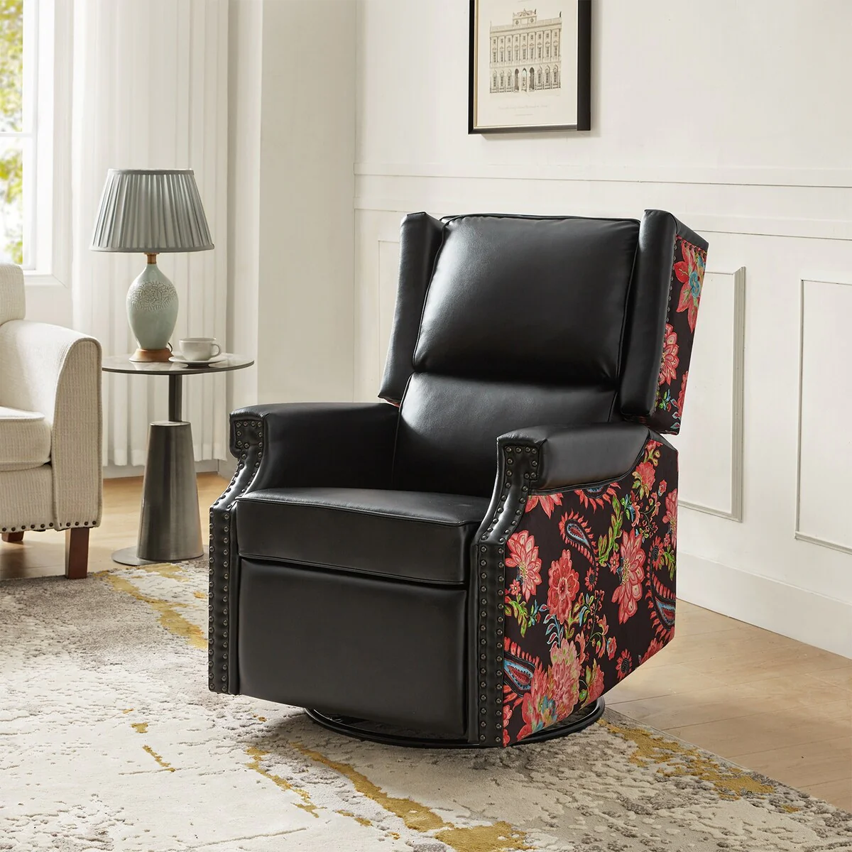 Amelia Transitional PU Leather with Floral Stitching Design Swivel Rocker Recliner by HULALA HOME