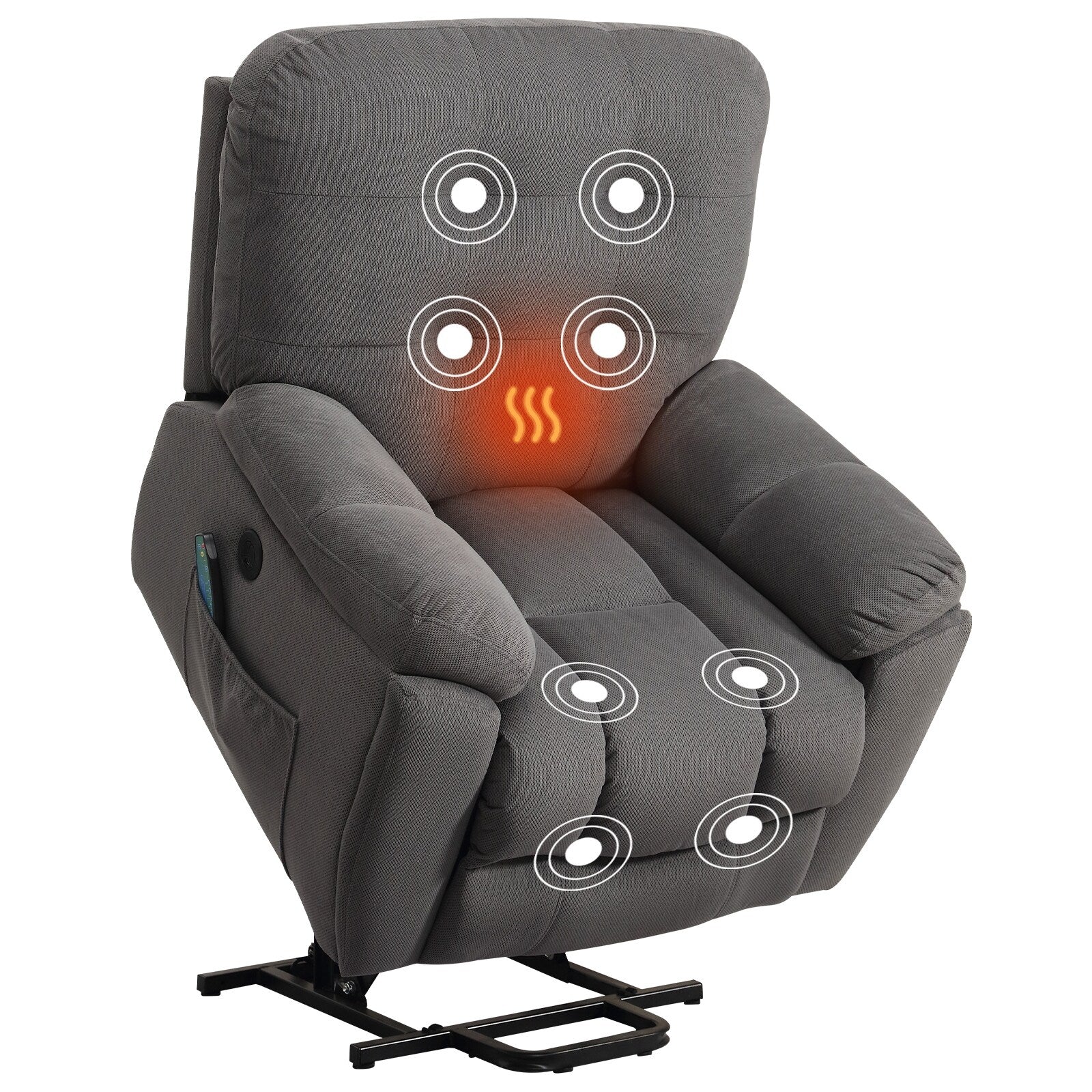 Grey Power Lift Recliner Chair with Massage, Heating, USB Port, and Hidden Cup Holders, Adjustable Positions, and Side Pockets