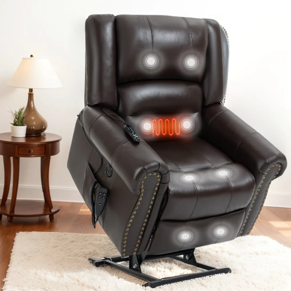 Dual Motor Genuine Leather Lift Recliners, Massage  Heat, USB Ports