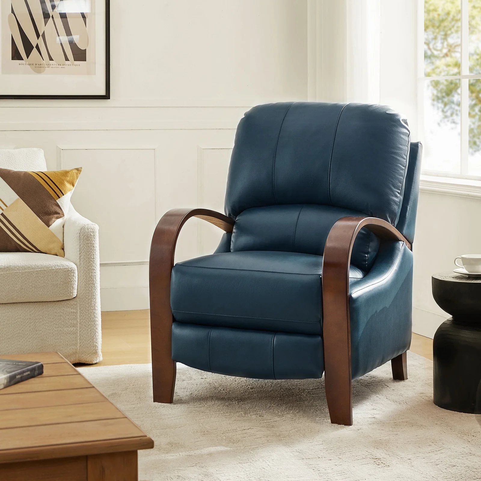 Alex Mid-century Modern Cigar Genuine Leather Manual Recliner with Wooden Curved Arms