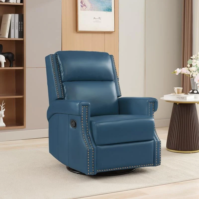 Genuine Leather Manual Rocking Recliner with 360-degree Metal Swivel Base