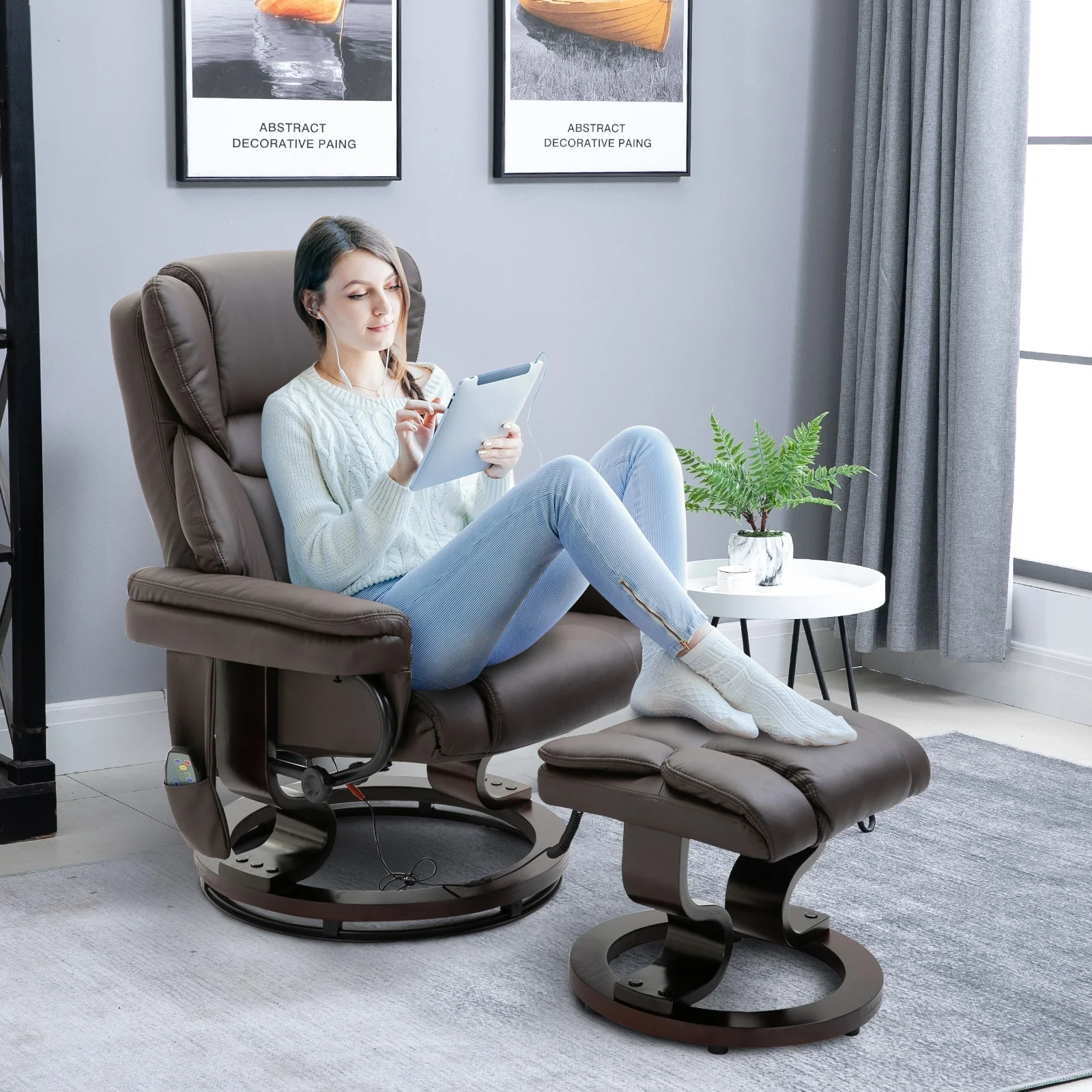 Small Faux Leather Recliner with Ottoman, 10-Zone Massage, 360�� Swivel, and Remote Control