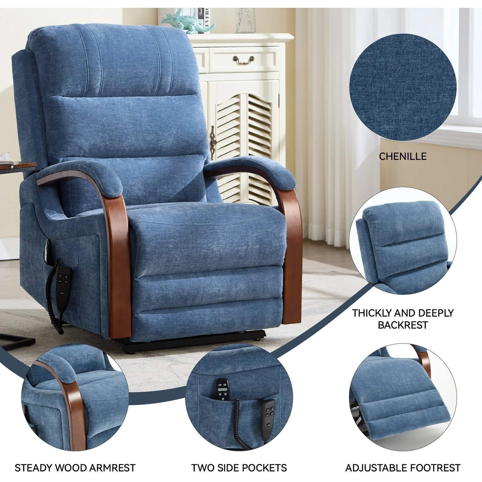 Chenille Power Lift Recliner with Massage & Wood Armrests
