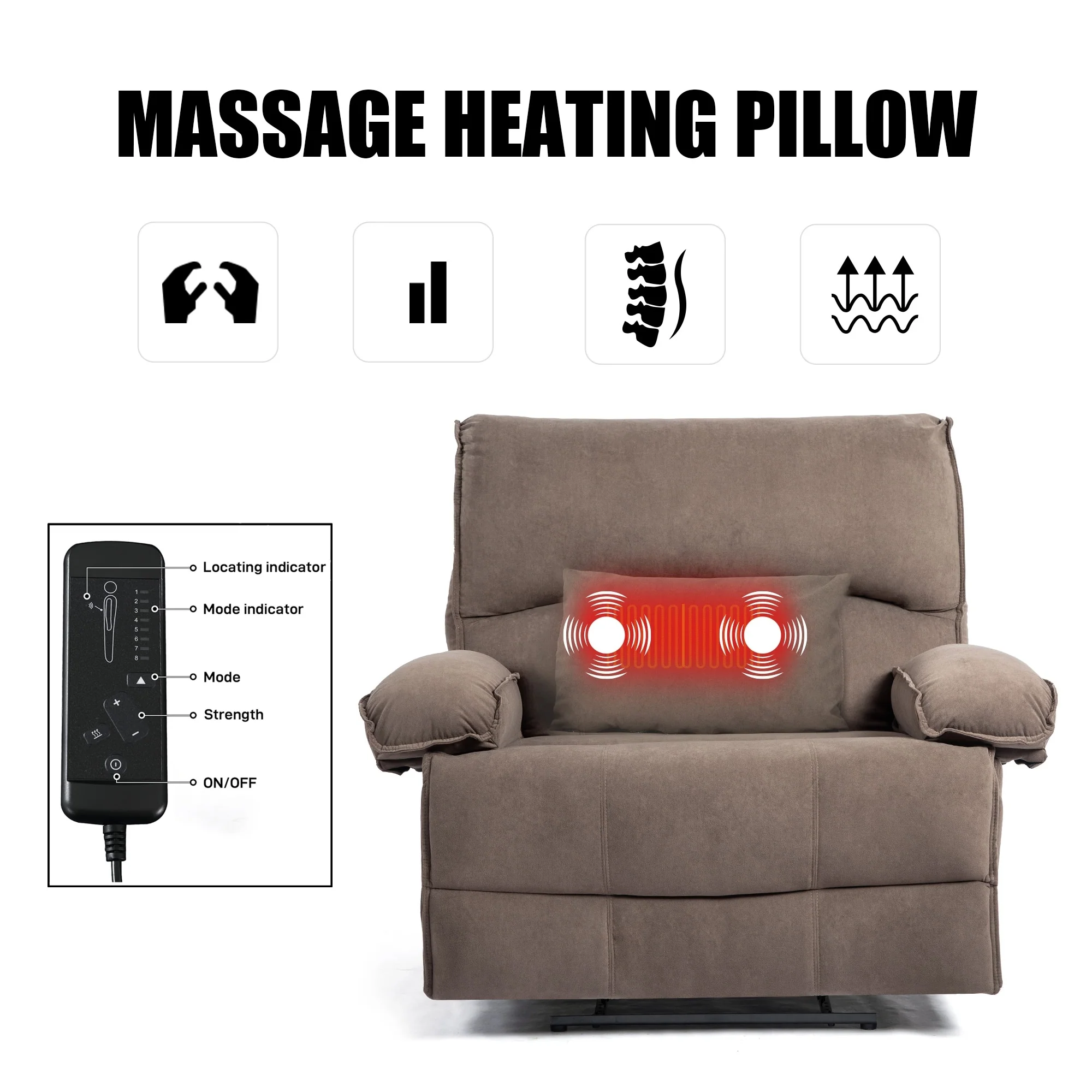 Extra-Wide Push-Back Recliner with Heated Massage Pillow and Plush Fleece Upholstery